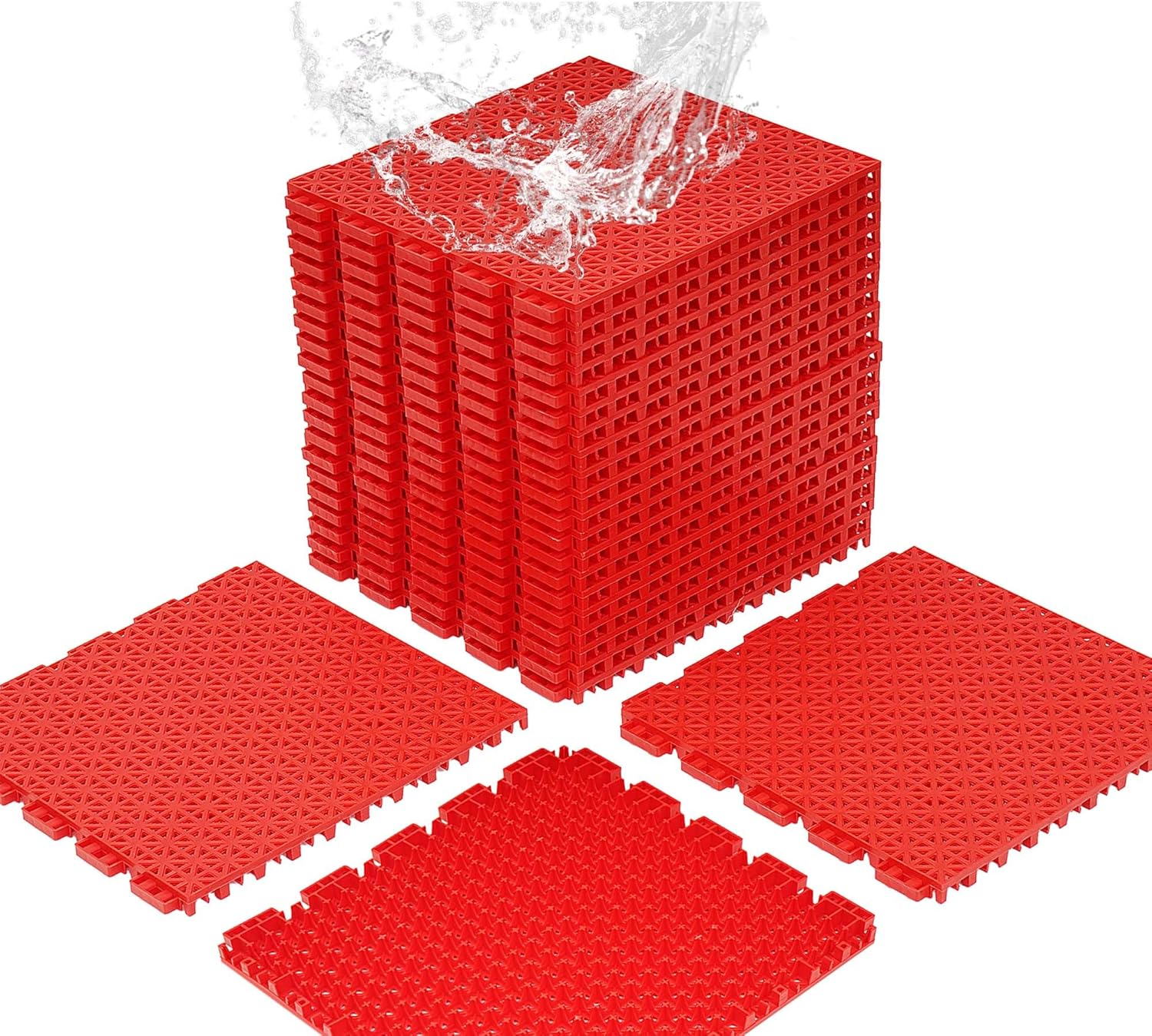 jxgzyy 24 PCS Basketball Court Tiles, 5/8 Inch Thick Modular Interlocking Outdoor Floor Tiles Over Grass, Non Slip PP Drainage Mat for Tennis Court Drain Deck Pool Patio Shower Garage Balcony Red