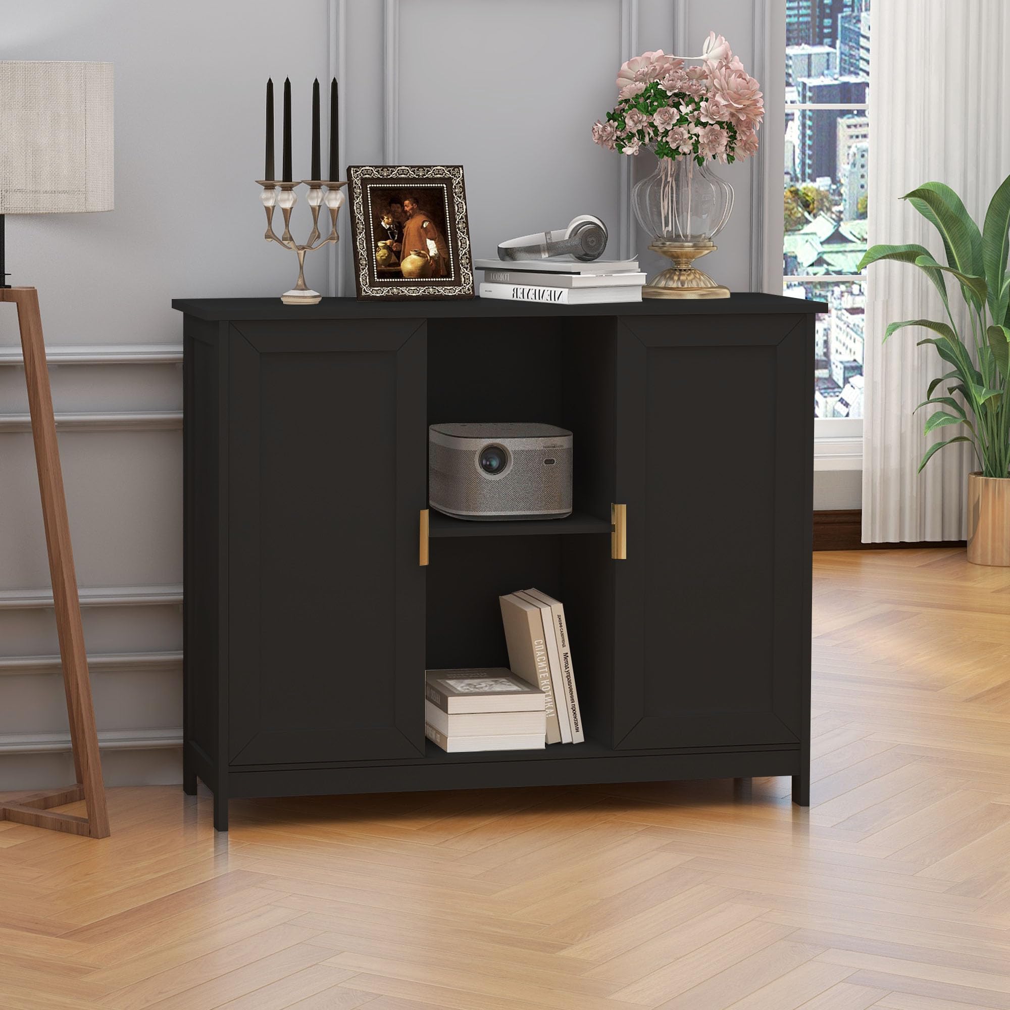 TaoHFE Black Storage Cabinet,Credenza Buffet Cabinet Wooden Coffee Bar Cabinet Buffet Table Black Sideboard Thin Cabinet for Narrow Spaces Entry Cabinet Hallway Cabinet for Kitchen,Living Room