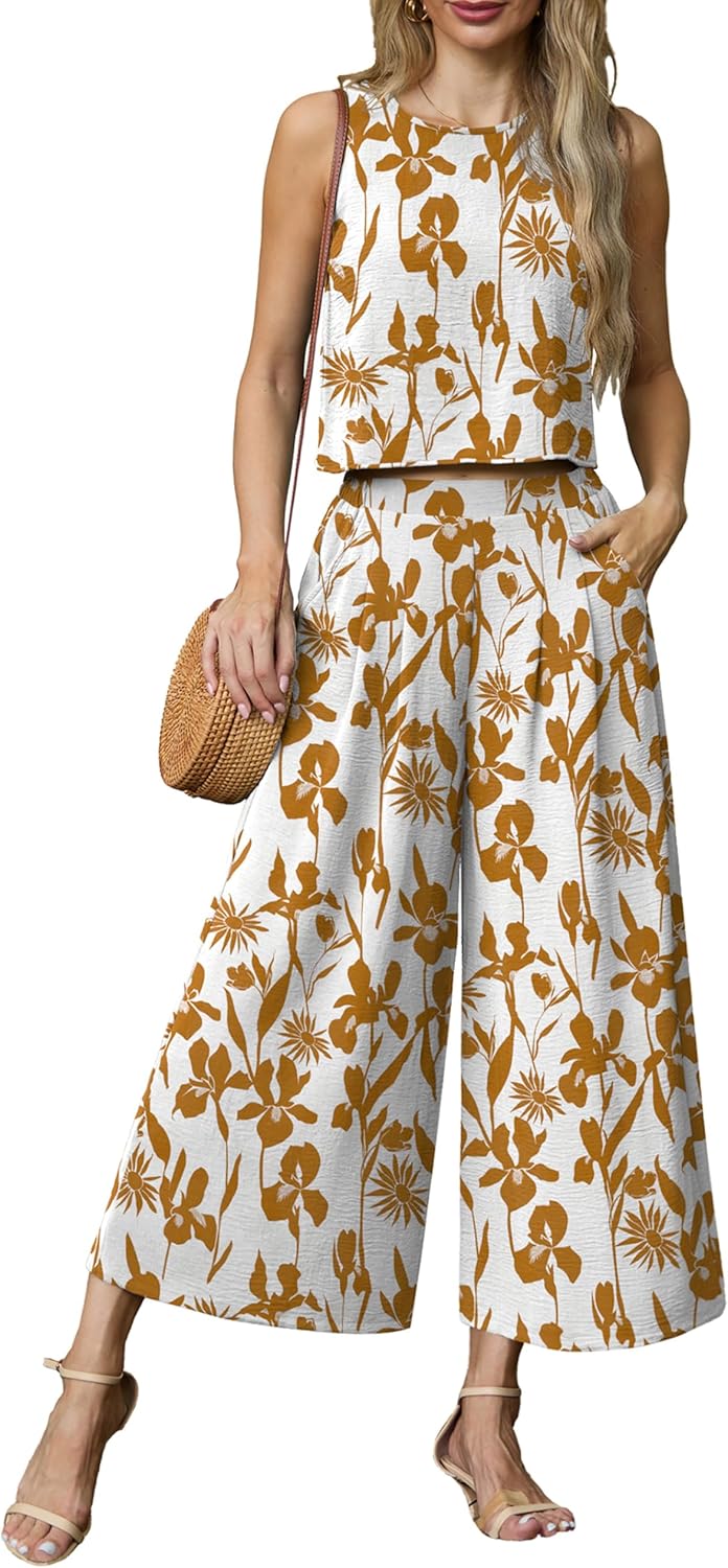 Lepunuo Womens Summer 2 Piece Outfits Sleeveless Crop Top Flowy Wide Leg Pants Matching Sets Vacation Beach Travel Outfits