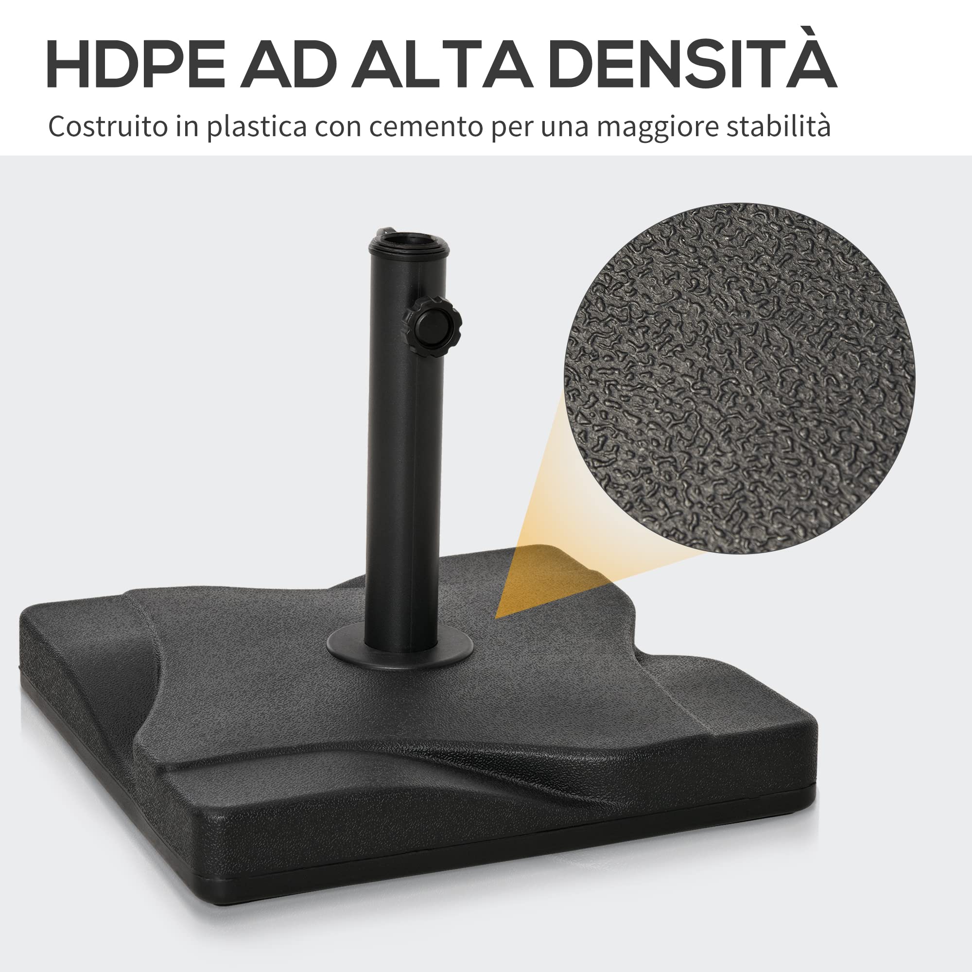 Outsunny Base per Ombrellone Quadrata in Plastica, Base Ombrellone da 41.5L x 41.5P x 33A cm da 20kg con Supporto per Pali da 32mm, 38mm, 48mm, Nero