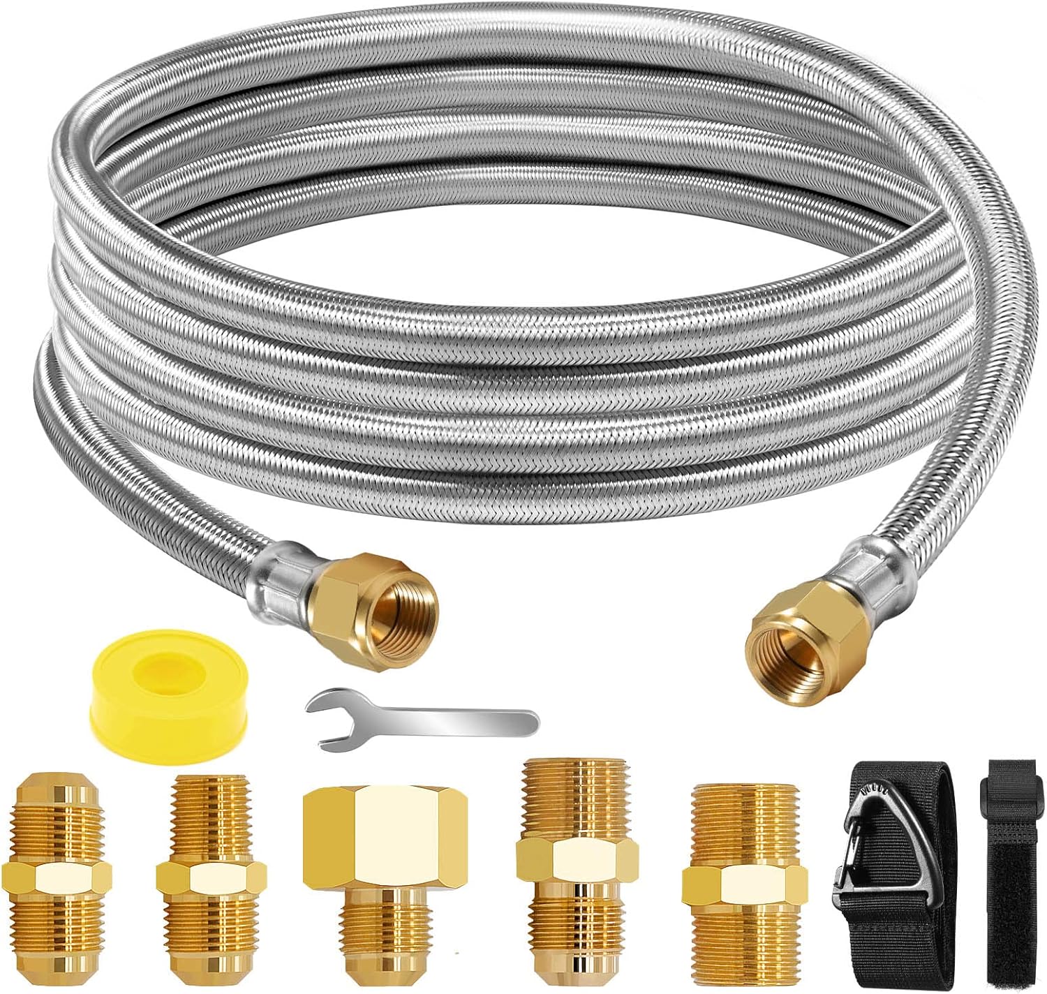 Upgraded 12Feet High Pressure Braided Propane Hose Extension with Conversion Coupling 3/8" Flare to 1/2" Female NPT, 1/4" Male NPT, 3/8" Male NPT, 3/8" Male Flare for BBQ Grill, Fire Pit, Heater
