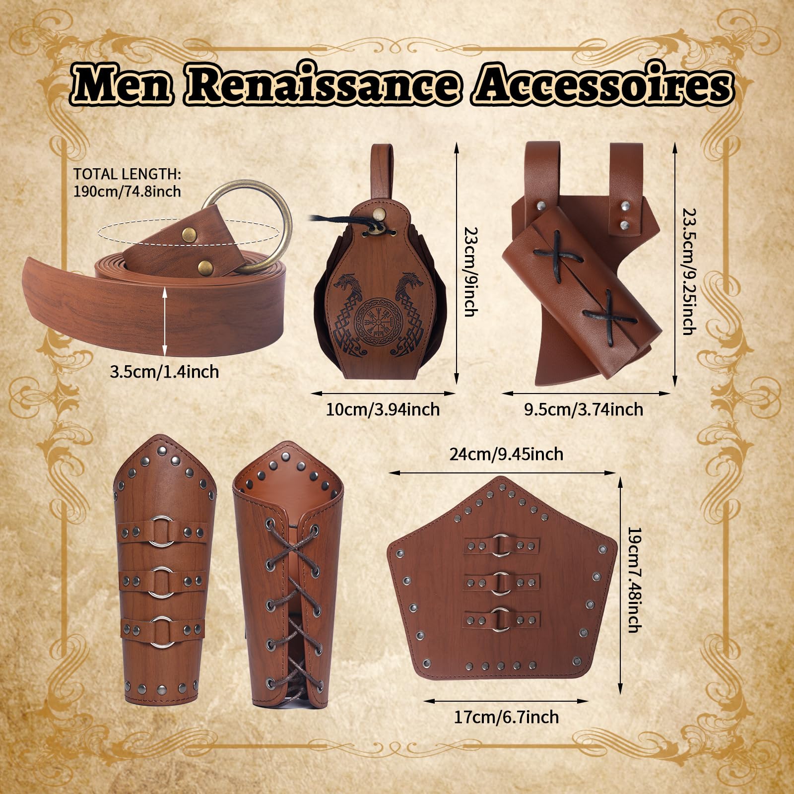Halloween Medieval Belt Suit, Viking Clothing Accessories, Medieval Knight Costume Accessories Set of 5 for Cosplay Wizard - Image 2