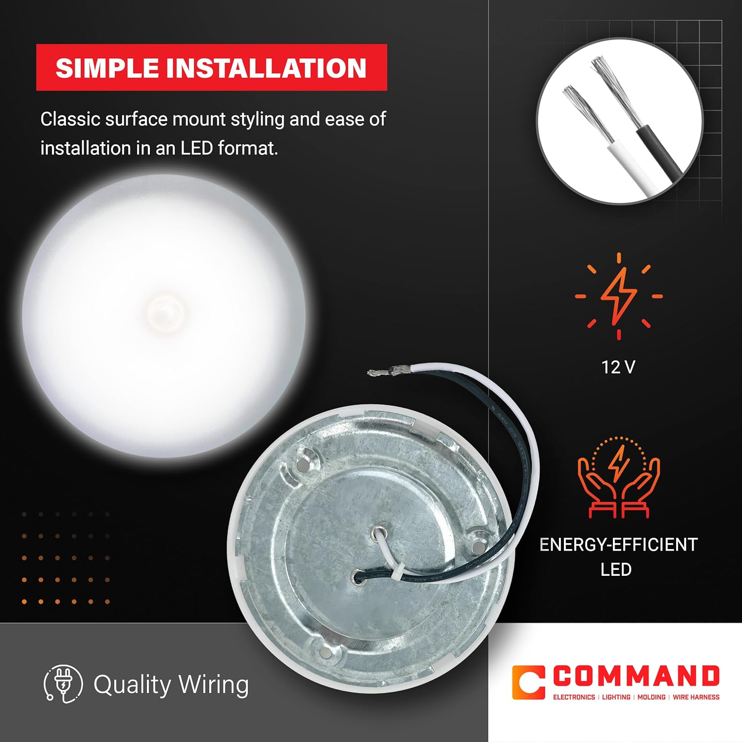 Command Electronics 12V LED Low Profile Surface Mount Ceiling Light with On/Off Switch - OEM RV Bus & Trailer Light - Hardware & Connectors Included | 4.5" Diameter - White (2 Pack)