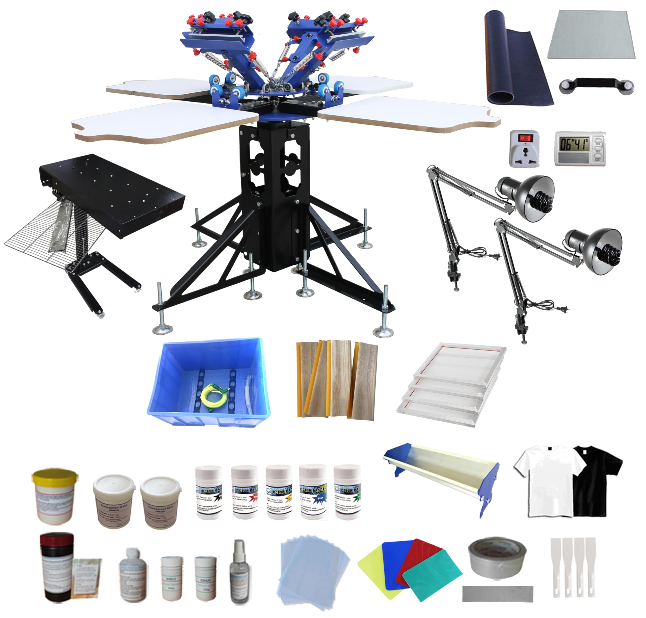 TECHTONGDA 4 Color 4 Station Screen Printing Press Kit with Flash Dryer UV Exposure Unit Drying Cabinet Washout Tank Squeegee Mesh Frame Accessories