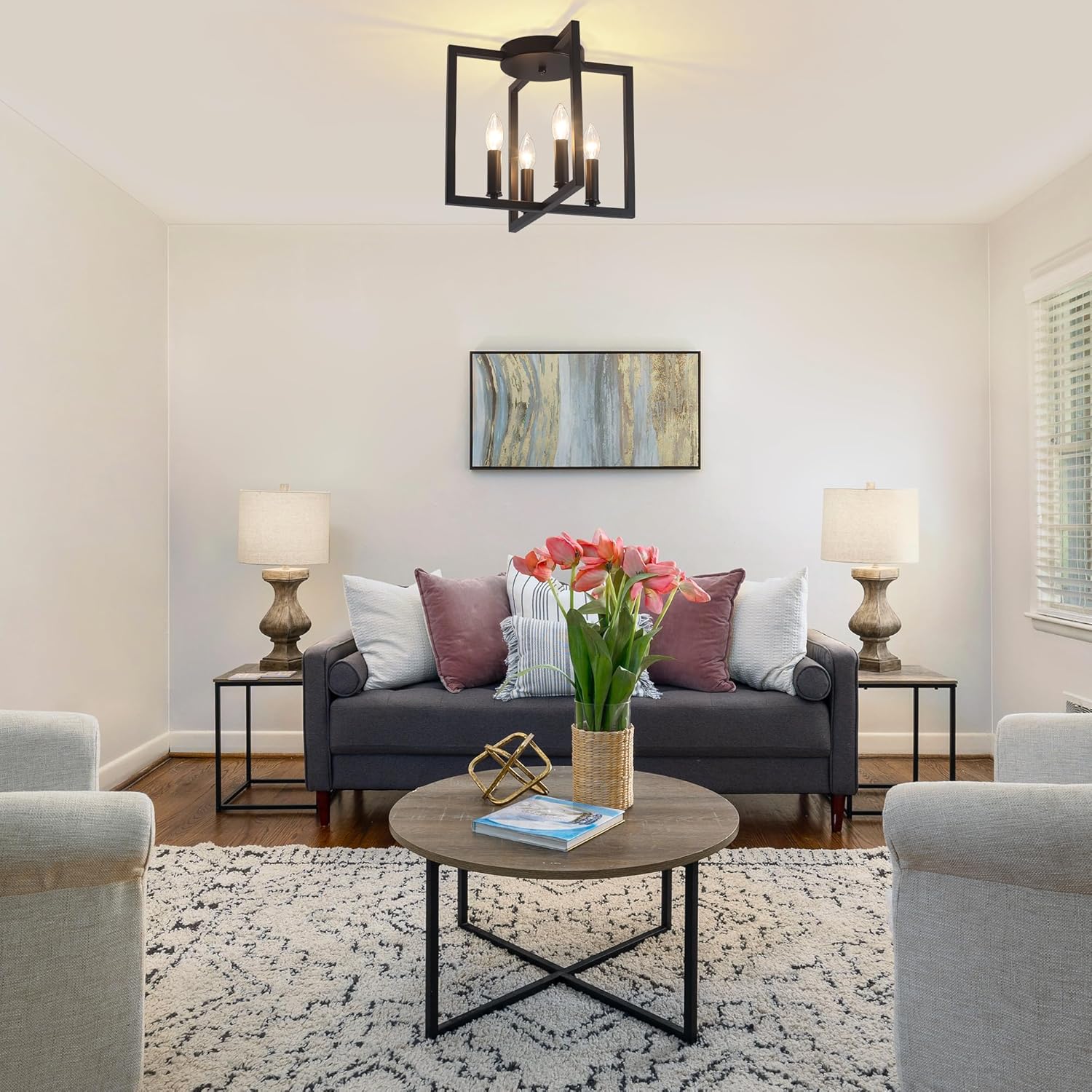 Semi Flush Mount Ceiling Light Fixture, 4-Light Black Ceiling Light Fixture, Modern Farmhouse Industrial Close to Ceiling Lights for Kitchen Living Room Bedroom Hallway Foyer