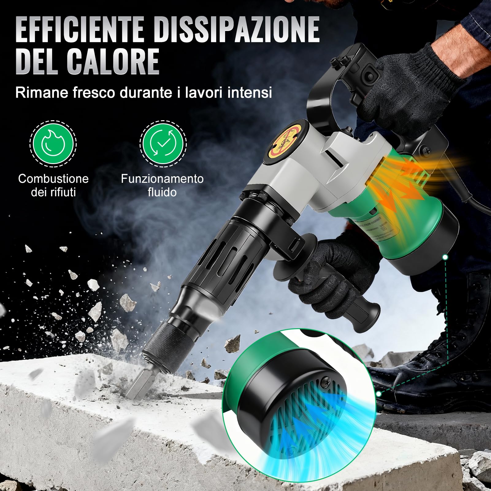 SDS Plus Martello Demolitore, 1400W 30 Joule 3600 RPM Potente Martello Perforatore Tassellatore Martello Elettrico A Scalpello Incl. Scalpello A Punta, Piatto Per Calcestruzzo, Mattoni, Piastrelle