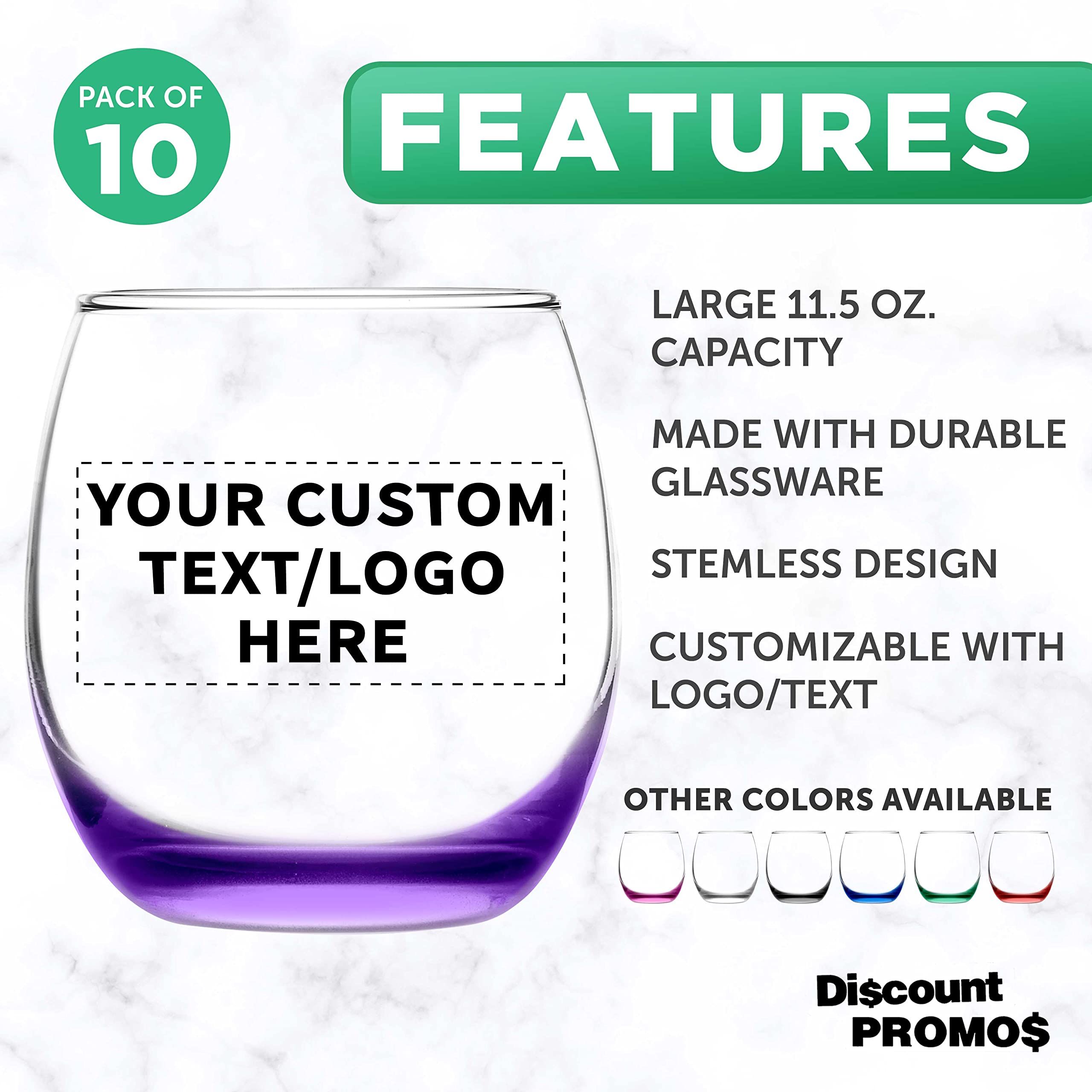 Custom Mikonos Stemless Wine Glasses 11.5 oz. Set of 10, Personalized Bulk Pack - Restaurant Glassware, Perfect for Red Wine, White Wine, Cocktails - Purple