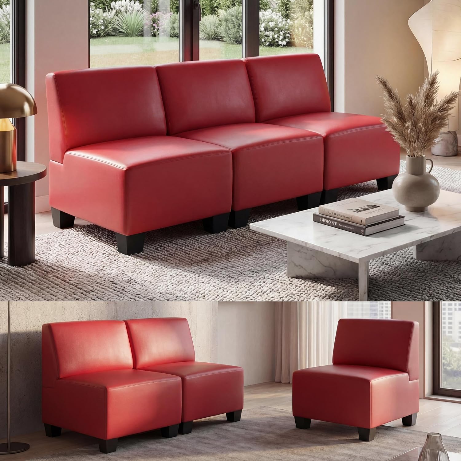 Modular 3 Seater Sofa Bed Faux Leather Lyon Design Red Arms Without Arms