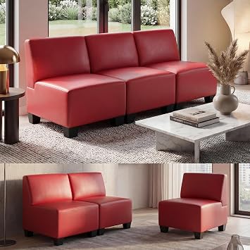 Modular 3 Seater Sofa Bed Faux Leather Lyon Design Red Arms: Without Arms