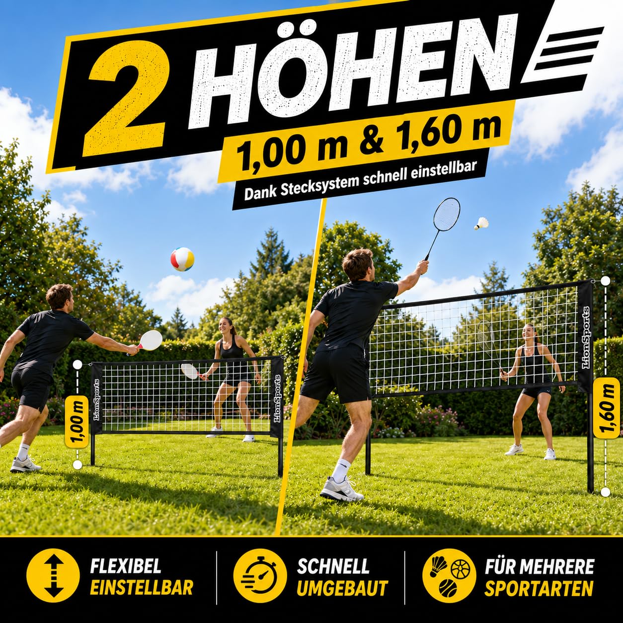 Mobiles universal Profi Netz – Badmintonnetz, Tennisnetz, Volleyballnetz – Höhenverstellbar – aus stabiles pulverbeschichtetes Gestell – mit Transporttasche – Perfekt für alle Outdoorspiele
