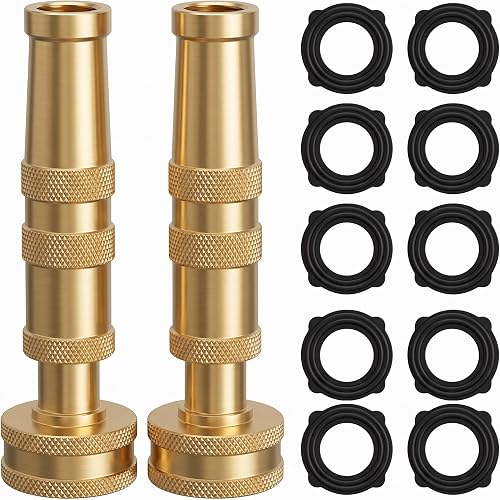 Hourleey Adjustable Twist Hose Nozzle, 4" Heavy-Duty Brass Hose Nozzle with 10 Garden Hose Rubber Washers, 2 Pack