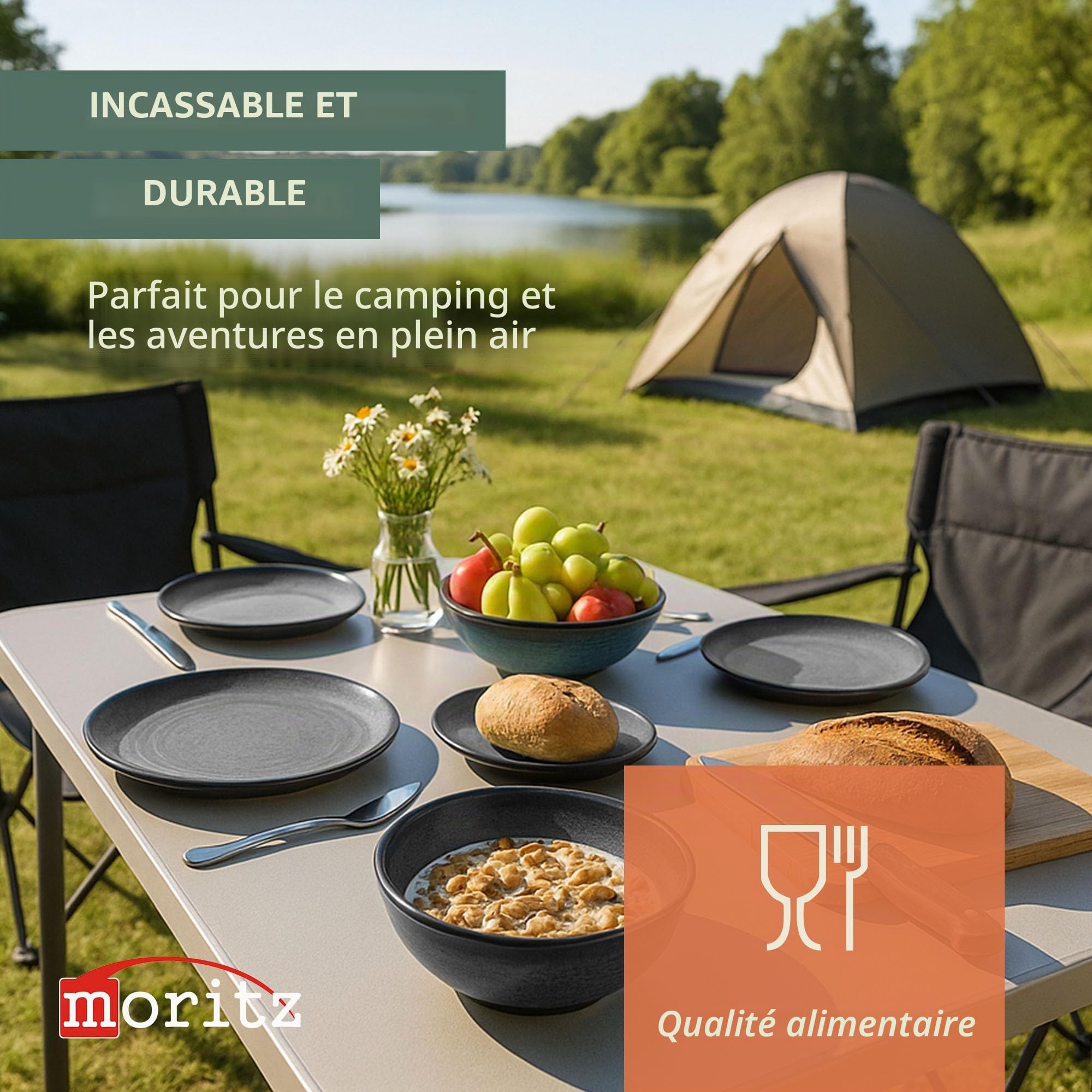 Moritz - Ensemble de vaisselle de camping en mélamine pour 4 personnes - Gris pierre + 4 verres Milano - Vaisselle de table - Vaisselle pour pique-nique, barbecue, ustensiles de cuisine