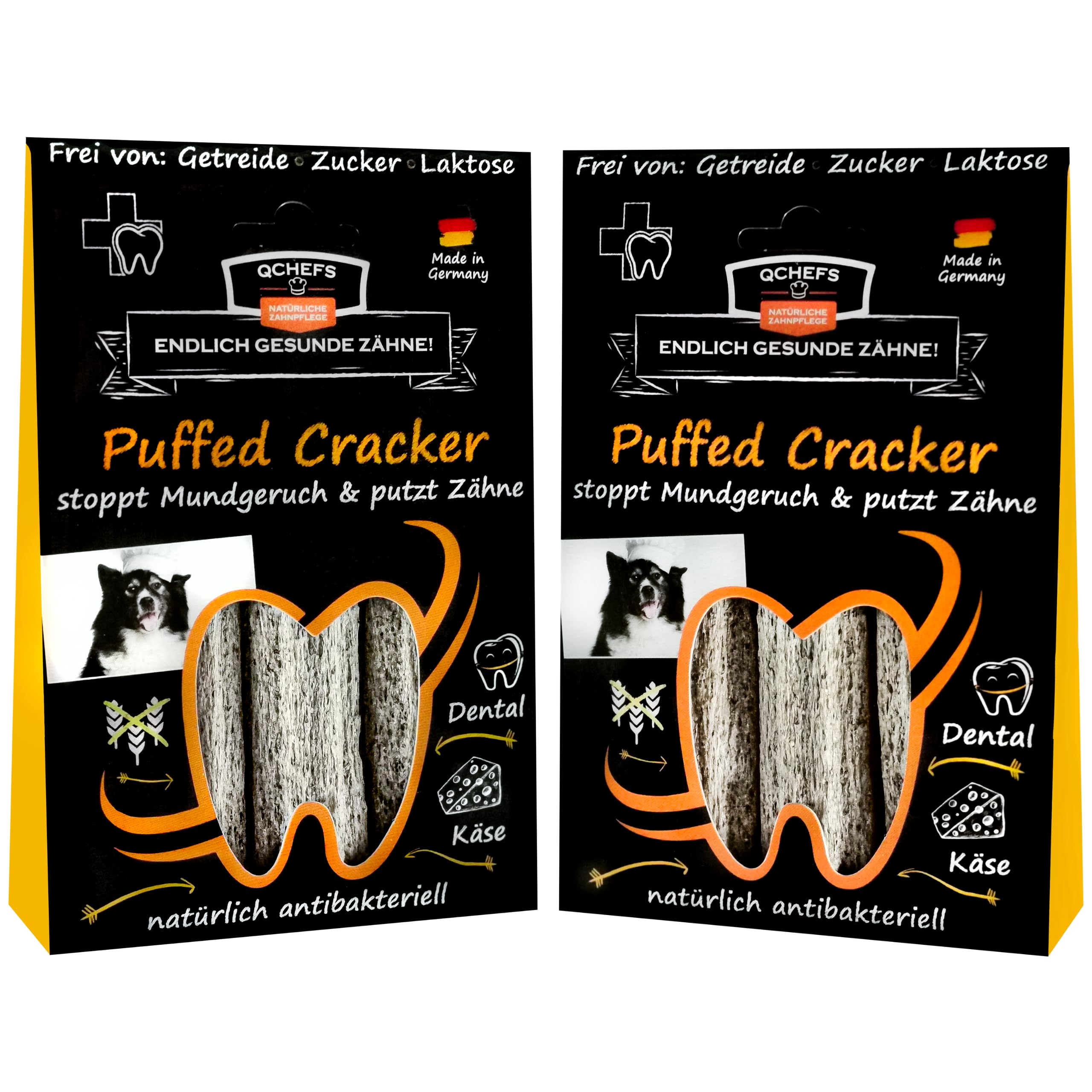 QCHEFS 2er Pack Puffed Cracker: Kaustange Hund zur antibakteriellen Zahnpflege als gepuffte Sticks mit Präbiotika-stoppt Mundgeruch