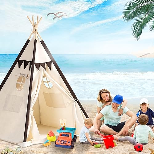 Miniatura 7 de Lavievert Tienda de campaña de lona natural para niños, tienda de campaña portátil para niños pequeños con tapete inferior para niños y niñas,