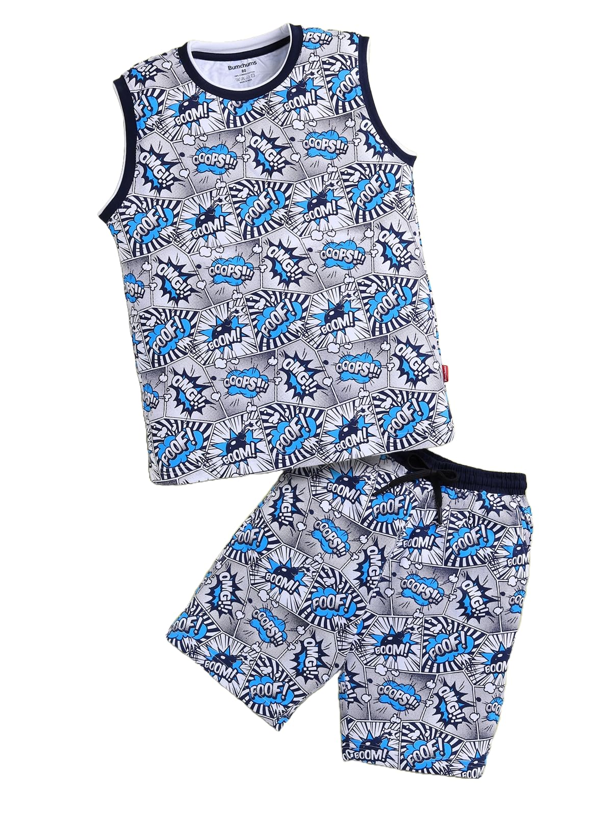Bumchums RUPA - Completo senza maniche con maglietta e pantaloni a girocollo per ragazzo, abbigliamento casual, trendy e carino, stampato