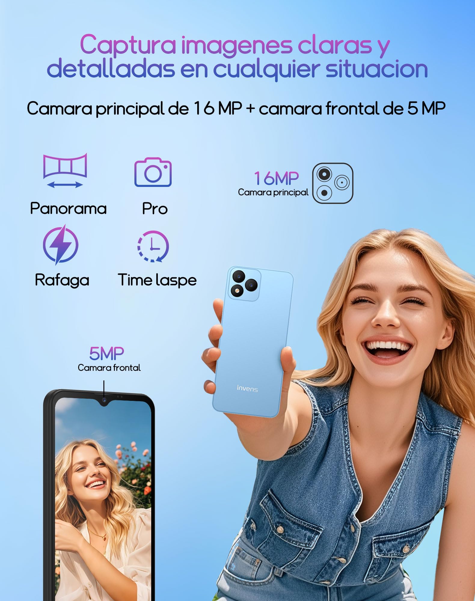 invens Note TK01 Telefonos Moviles Libres, 7(3+4) GB+32GB/128GB TF Teléfono Móvil, Android 12, 6.52'' HD+, 16MP+5MP Móvil, 4250mAh, Smartphone Triple 4G SIM GPS/OTG/3.5mm Jack, Azul