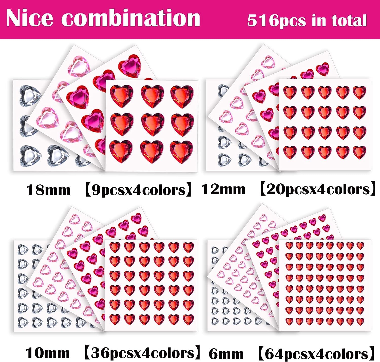 516 Pieces Heart Rhinestone Stickers - Self-Adhesive, Multi-Size For Crafts & Nail Art
