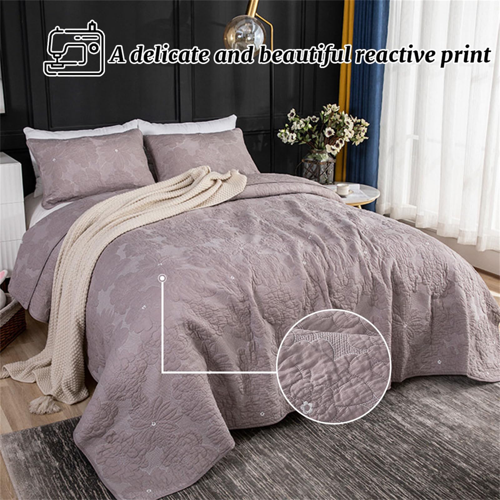 Odot Colcha Verano para Cama 230/250, Colcha Bouti Fina con 2 Fundas de Almohada Colcha Acolchado Ligera Suave para Colcha Cubre Cama Multiusos (250 * 270+50 * 70cm,Gris-marrón)