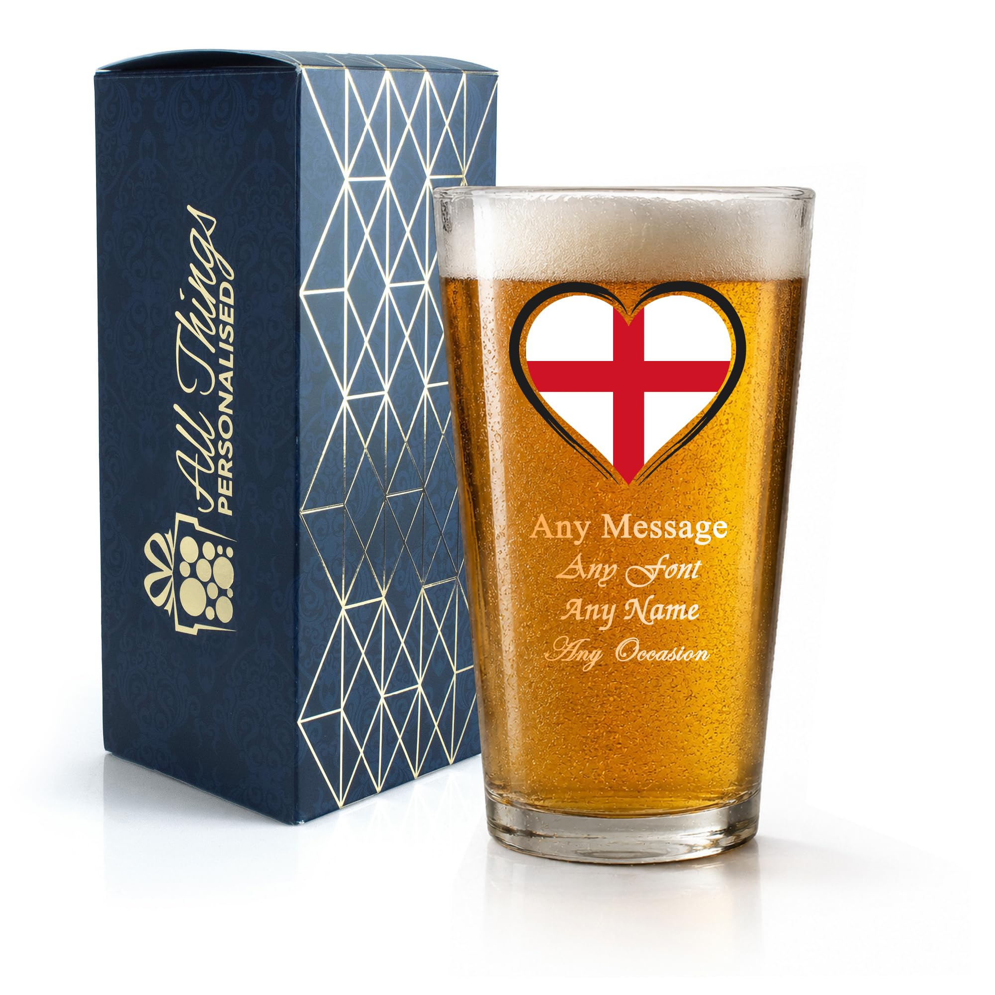 Personalised Engraved England Flag Pint Glass, Gift Boxed, Beer Gift, 20oz Pub Glass, Any Text, Custom Heart Design Beer Glass, Fathers Day