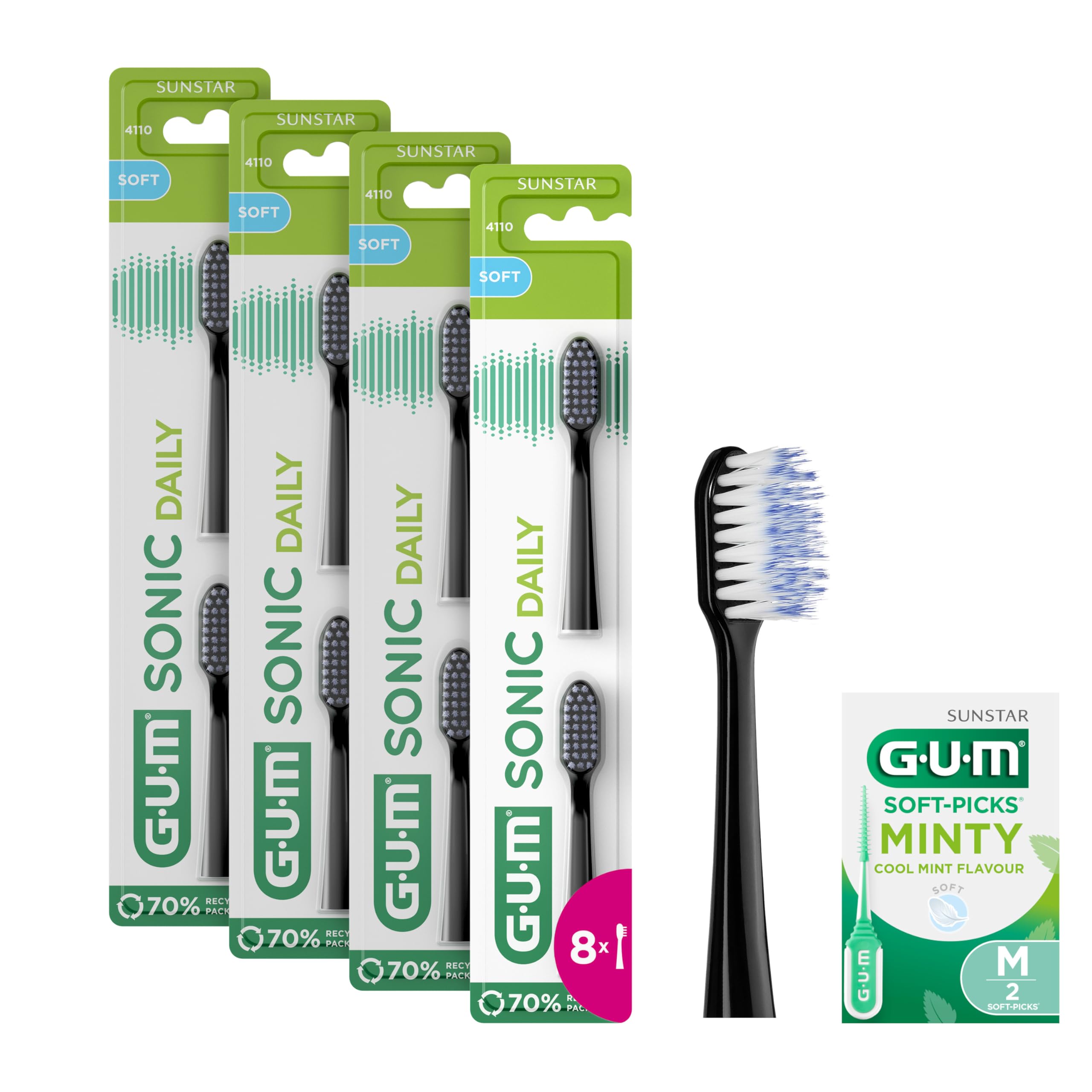 GUM Sonic Daily Lot 4X2 têtes brosse à dents sonique de rechange pour brosse à dents sonique GUM Sonic Daily - Poils doux et microfins pour un nettoyage doux et en profondeur (Noir) +1 bonus offert