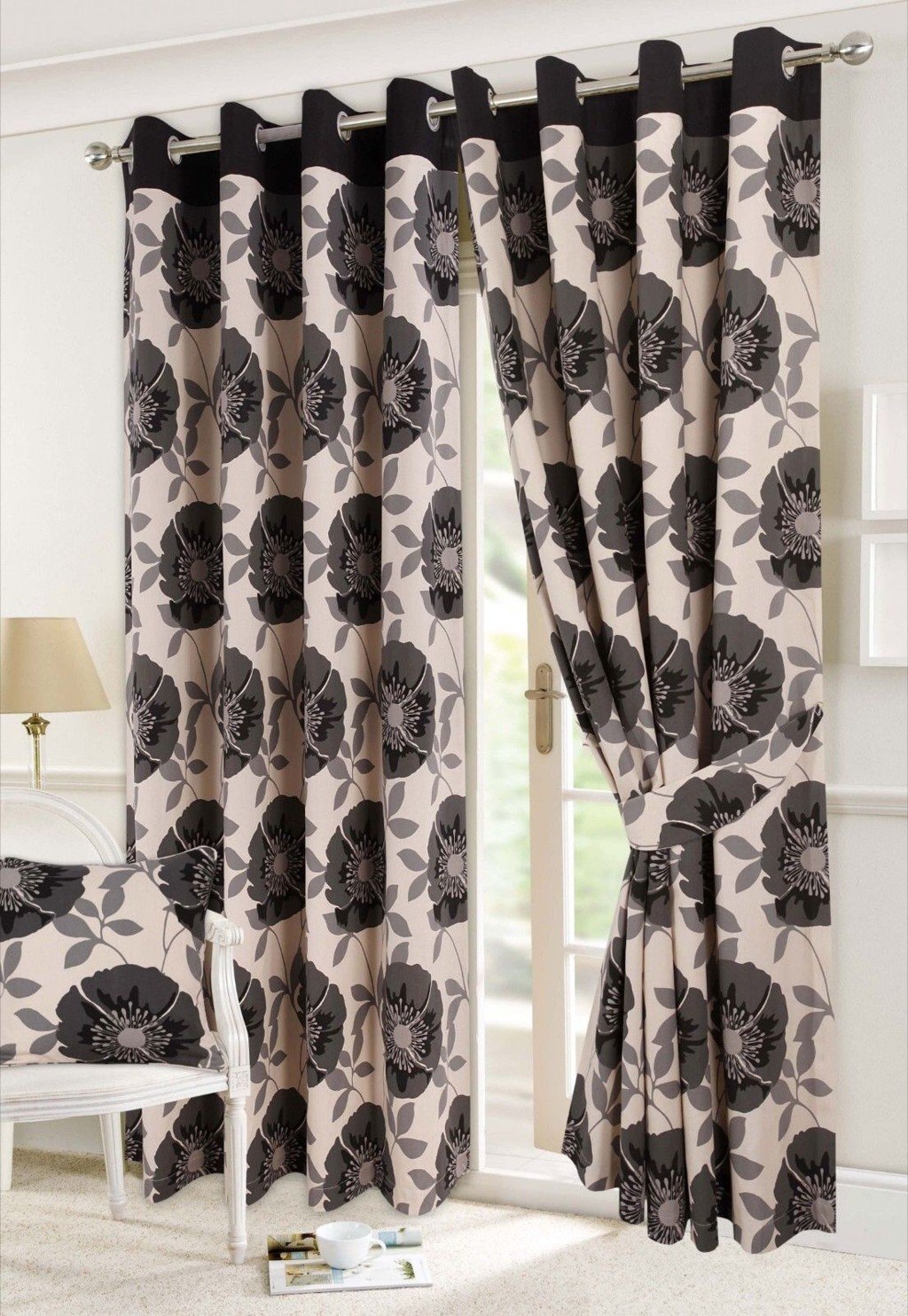 Hendem Tradings® Ring Top Curtains Thick Poly-Cotton Floral Print Eyelet Lined Pair Curtain (Isla Poppy Black, 66" x 72") — image 1