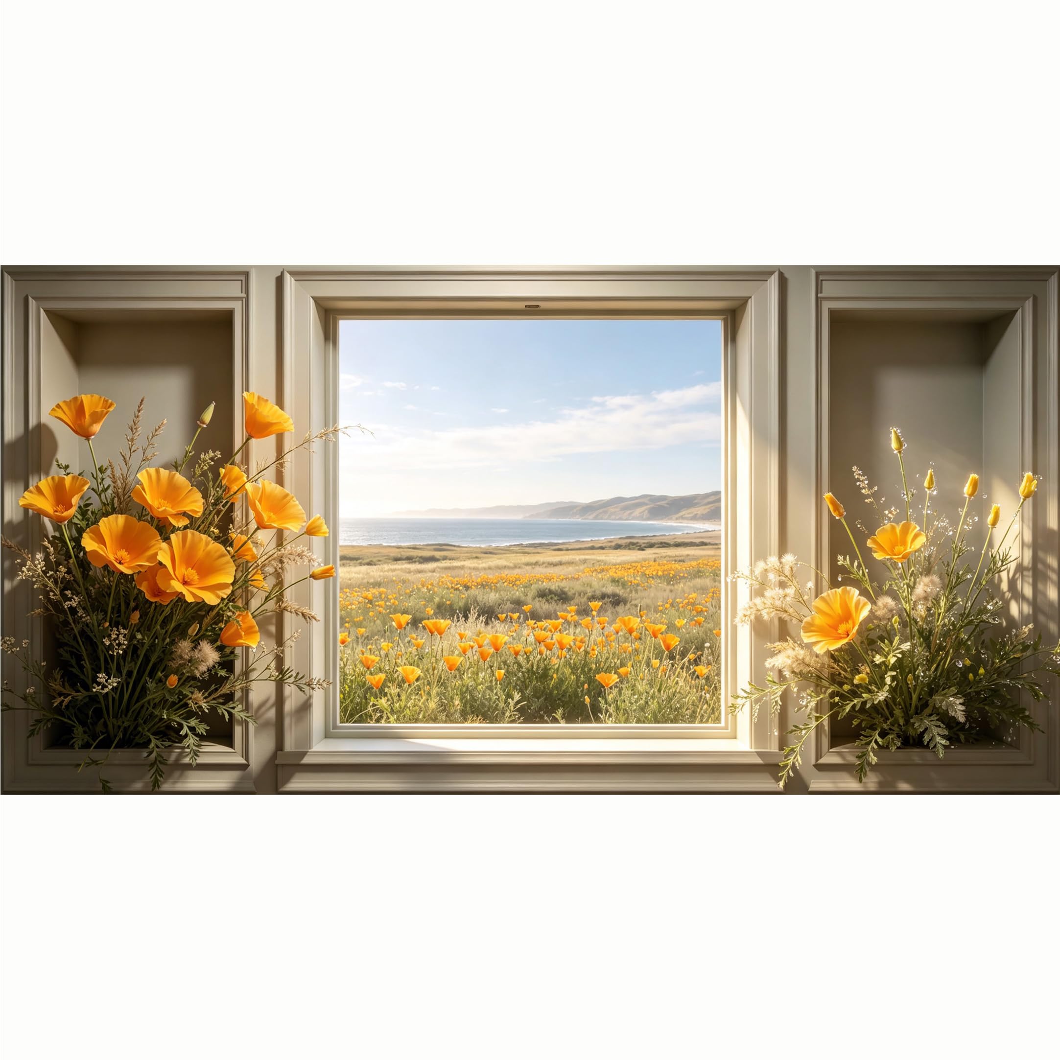 QZLITHOTIC 50x100cm 3D Framed Wall Art， Coastal California Wildflower Meadow Window View Self‑Adhesive Mural， Water‑Activated Peel & Stick Fabric Decor Wall Decal for Bedroom Living Room