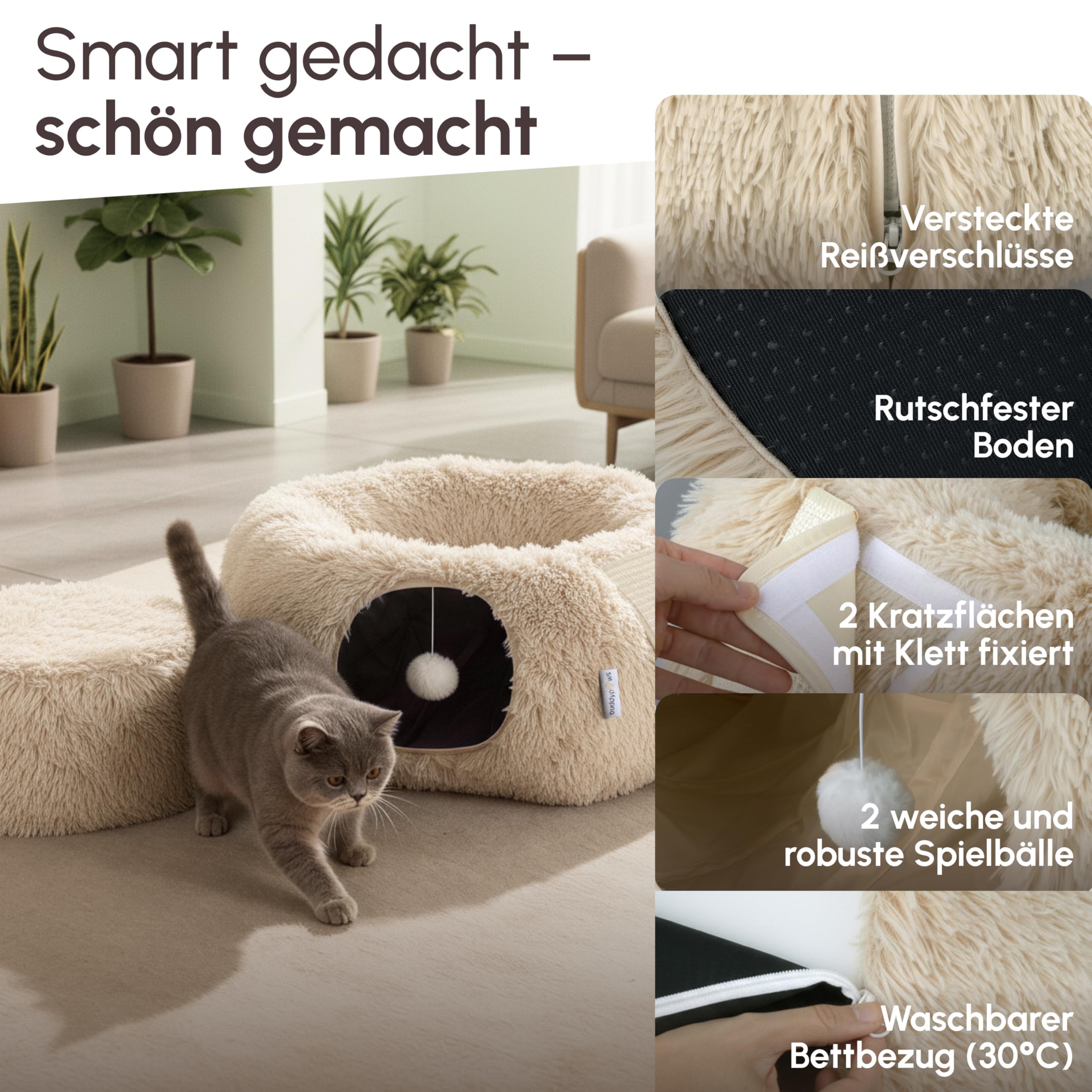 3-in-1 Katzentunnel mit Katzenbett & Kratzflächen | Flexibel nutzbarer Premium Katzentunnel aus weichem Plüsch als Katzenhöhle, Katzenkorb & Katzenspielzeug | Waschbar | Mit Sisal Kratzmatte | BEIGE