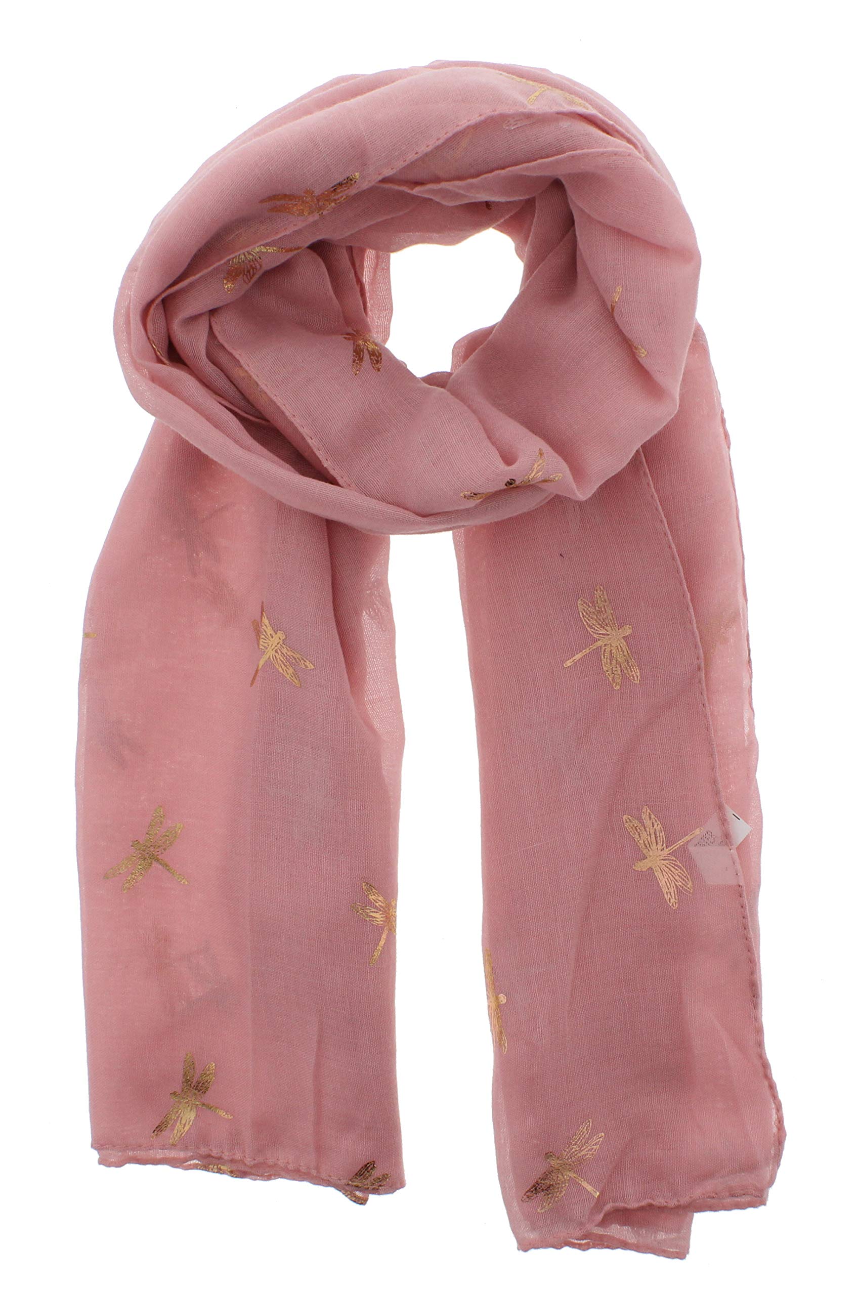 Zac's Alter Ego Women's Baby Pink With Gold Dragonflies Scarf With Rose Gold Metallic Foil Dragonfly Print
