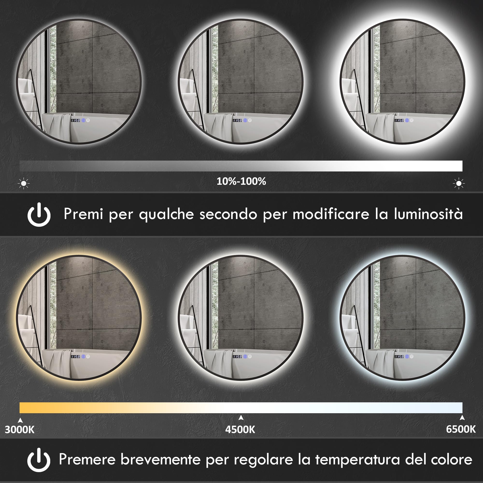 HOMCOM Specchio da Bagno con Luce LED Regolabile, Specchio Rotondo Anti Nebbia 70 cm, Specchio da Parete con Smart Touch con Display Ora e Temperatura e Funzione Memoria, IP44, Nero