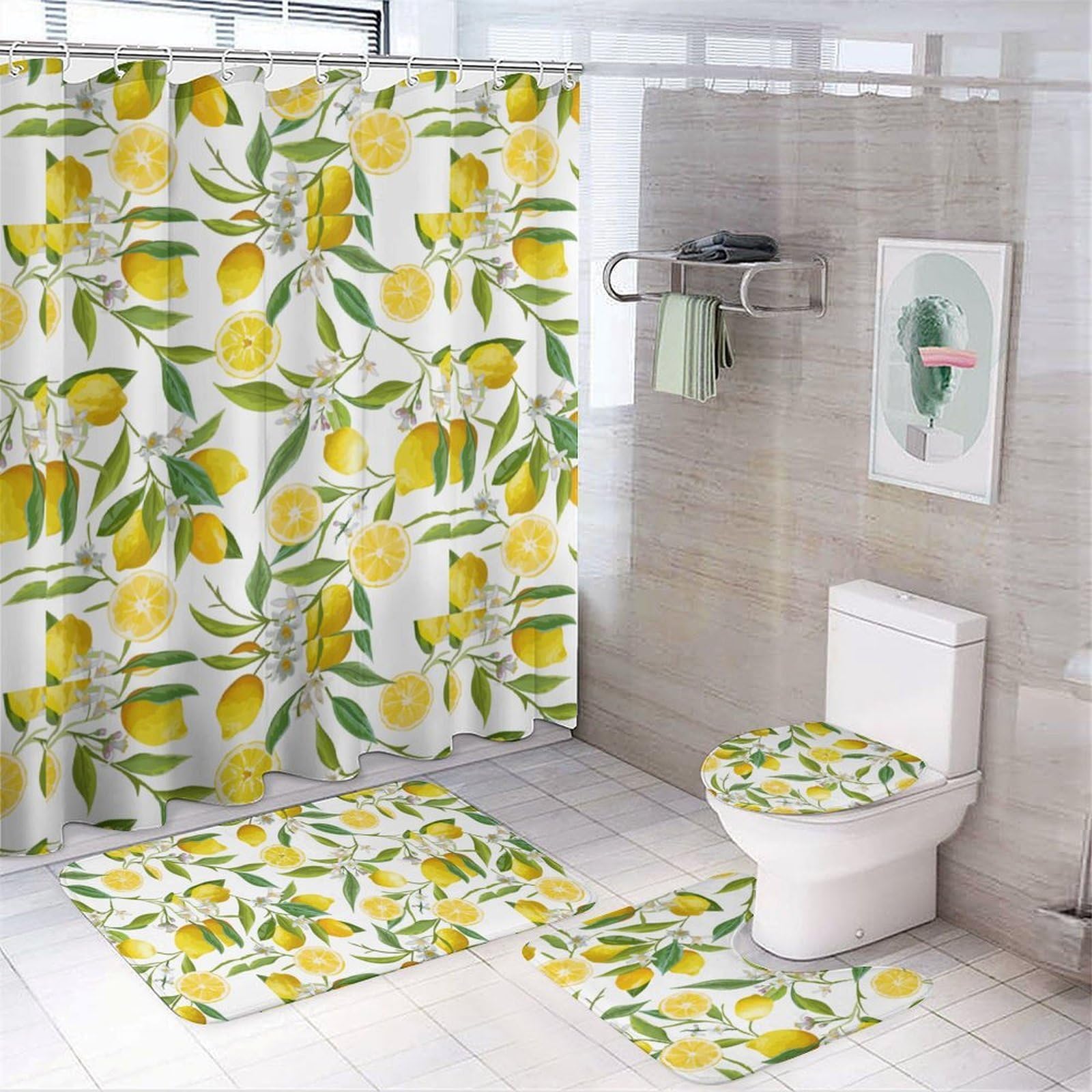 JZemdybill Bathroom Mat Set 4 Piece, Yellow Lemon Shower Curtain with Non-Slip Bath Mats for Bathroom