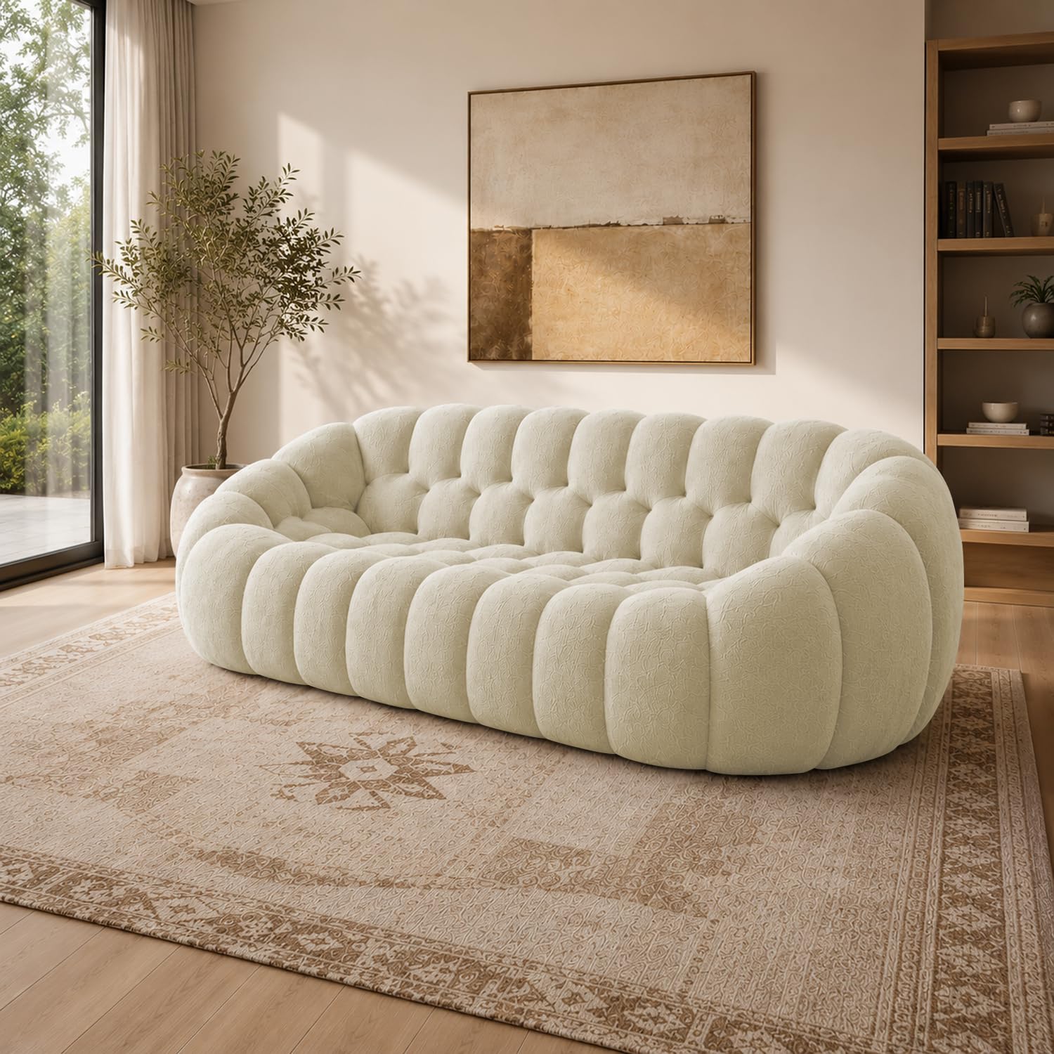 Elys Modern Velvet Bubble Cloud Sofa, Tufted Design Upholstered 3 Seater Sofa Set for Living Room,(Cream Colour) Premium Velvet Fabric Sofa-image-24