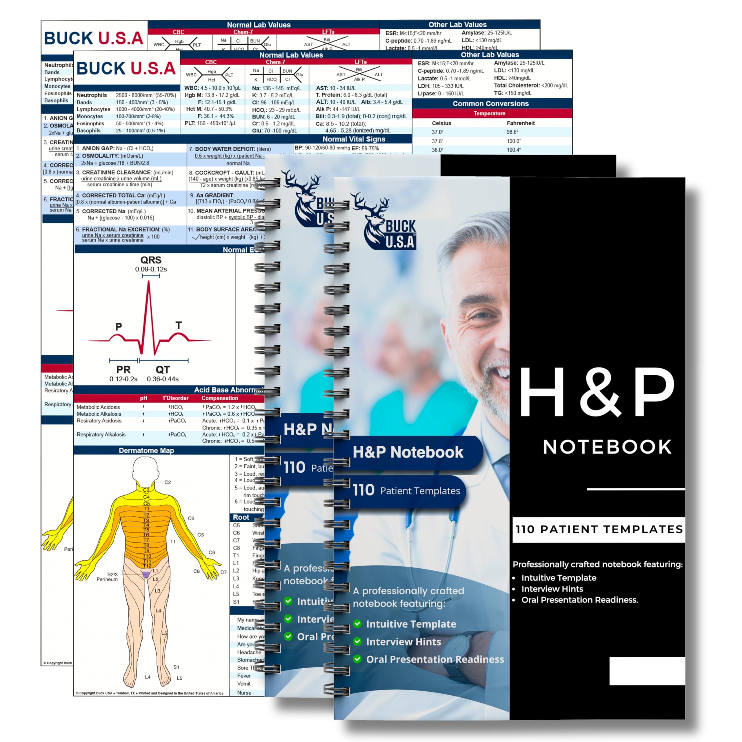 2 Pack H&P Notebook: 110 Perforated History & Physical Templates, 2-Page View, Spiral-Bound, Pocket Size 8.5"x5.5", Includes Medicine Reference Sheet