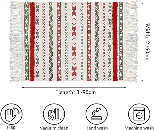 Miniatura 2 de HiiARug Alfombra de pasillo pequeña copetuda de 2 x 3 pies con borlas, lavable a máquina, tapete bohemio rojo para sala de estar, dormitorio,