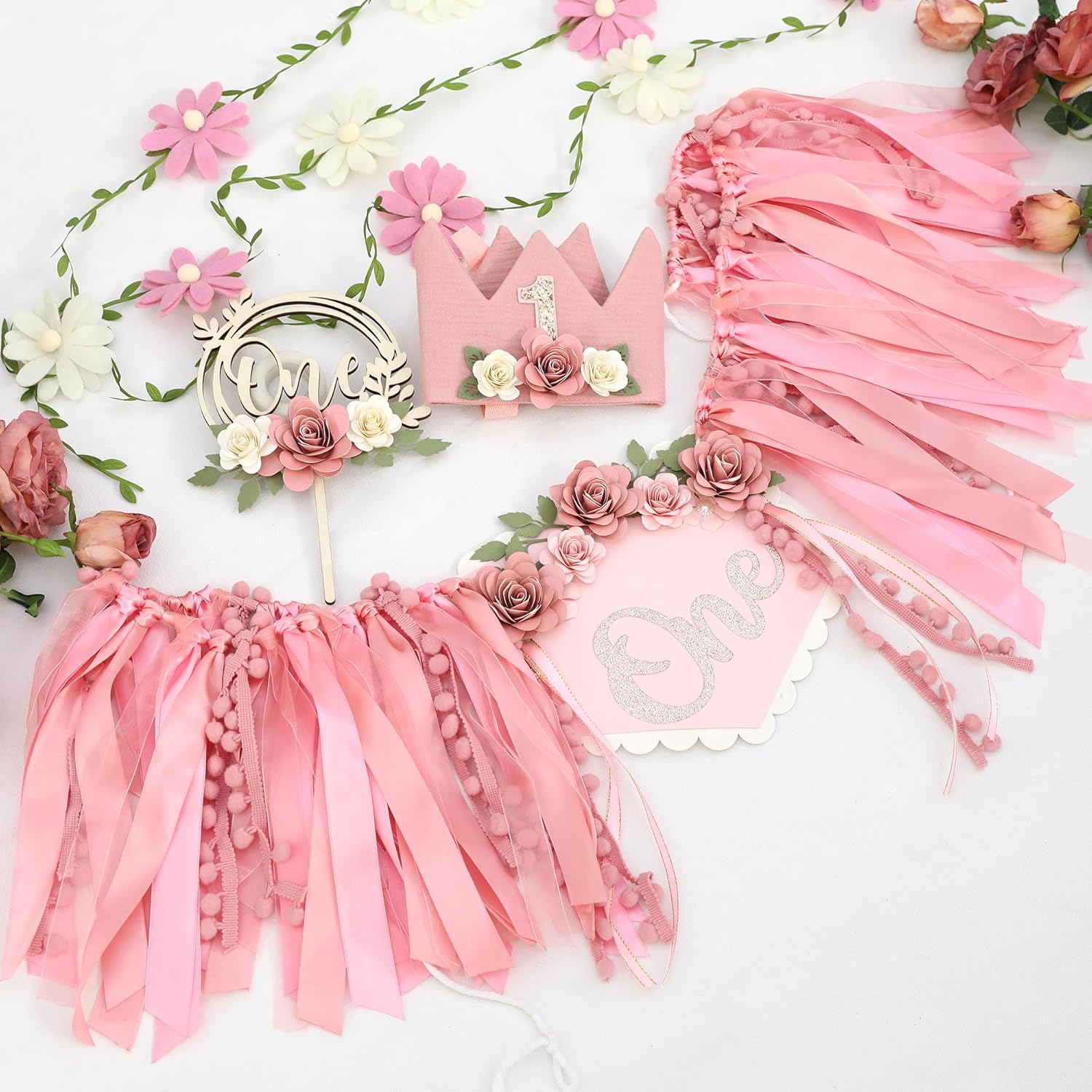 Wildflower 1st High Chair Banner Birthday Decorations For Girls Dusty Pink Flower Cake Topper Hat Floral Theme Party Decoration