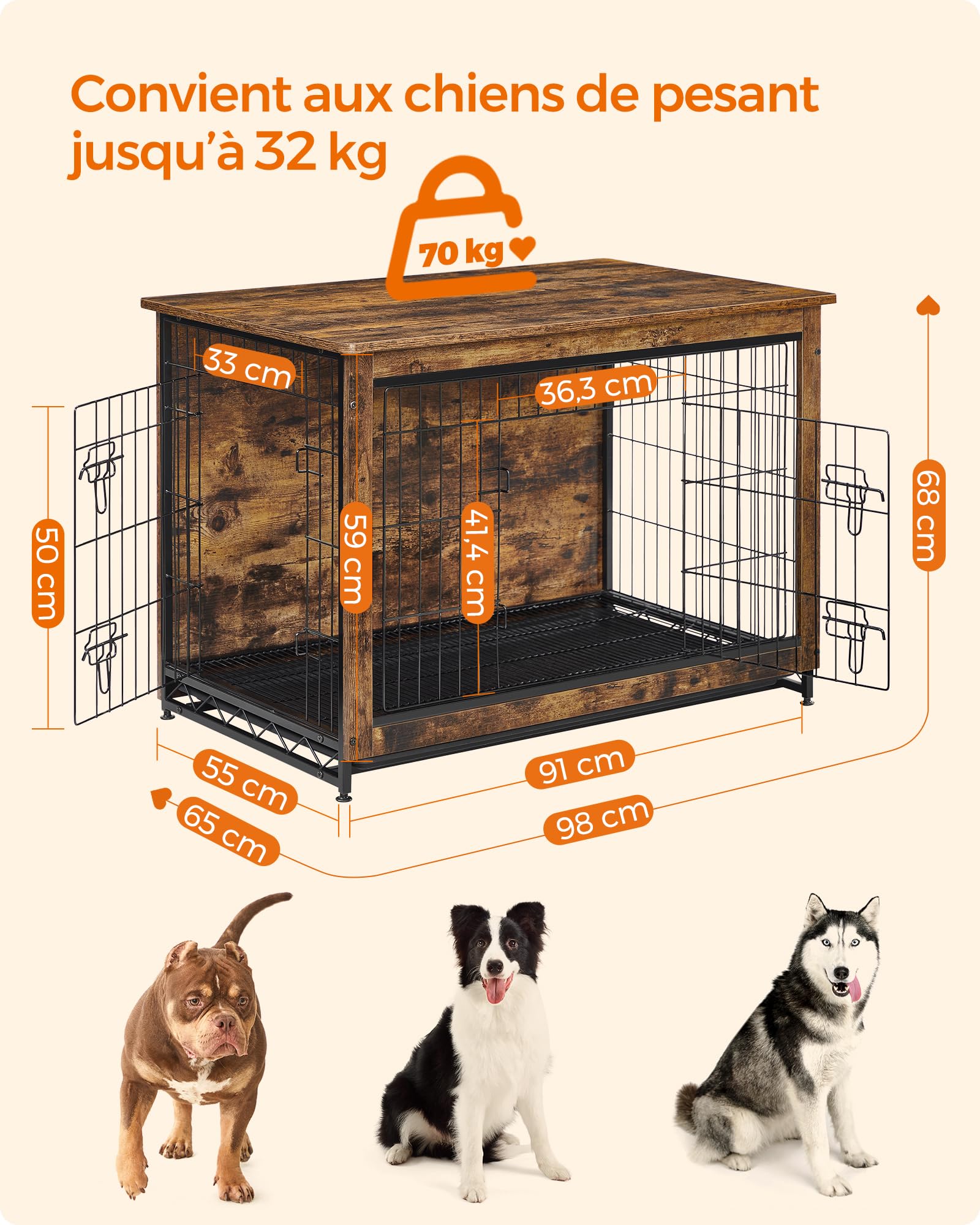Feandrea Cage pour Chiens, Table d’Appoint, Niche Moderne pour Chiens Jusqu’à 32 kg, Cage pour Chiots, Plateau Amovible, Maisonnette pour Animaux, 2 Portes, Marron Rustique PFC003X01
