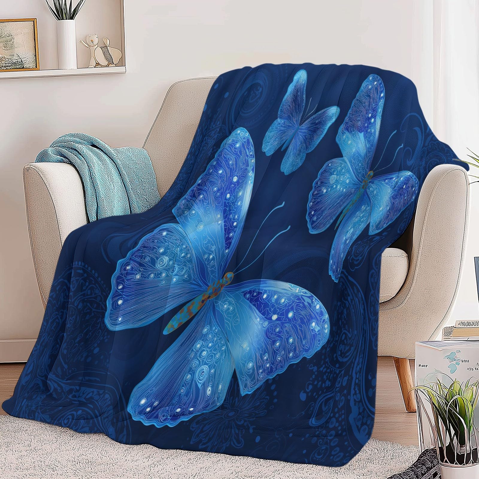 Genérico Koc Flanelowy Fantasy Niebieski Motyl 180x220cm Wygodne Ciepłe Koce Polarowe, Koc Prezent Dla Dzieci i Dziecka, Uniwersalne Koce Na Łóżko, Sofę, Kemping I Podróże