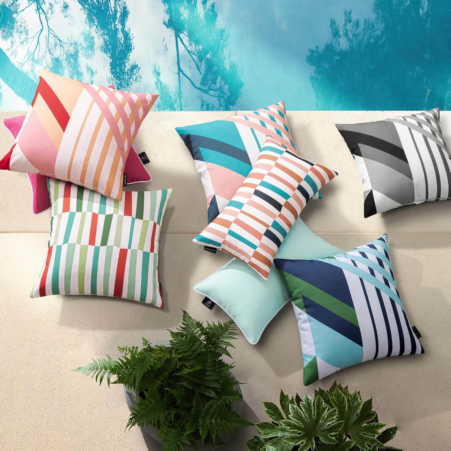 Phantoscope Pack of 2 Outdoor Pillows Waterproof Geometric Stripes Outdoor Pillow Covers, Decorative Square Patio Pillows Cushion Case for Couch Tent Sunbrella, Peach Coral and Pink 18 x 18 Inches - Image 5