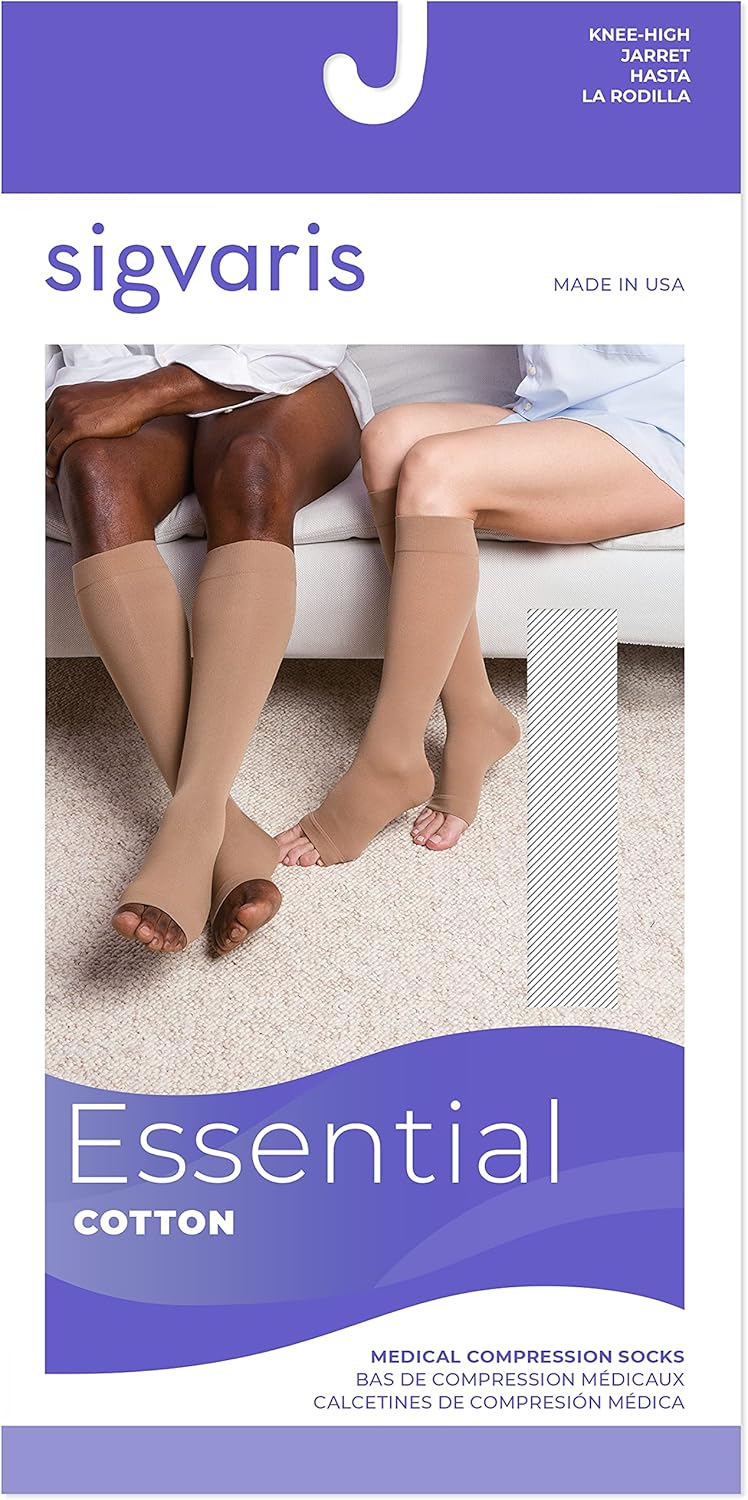 SIGVARIS Men’s & Women’s Essential Cotton 230 Open Toe Calf-High Socks 20-30mmHg - Light Beige - Small Long