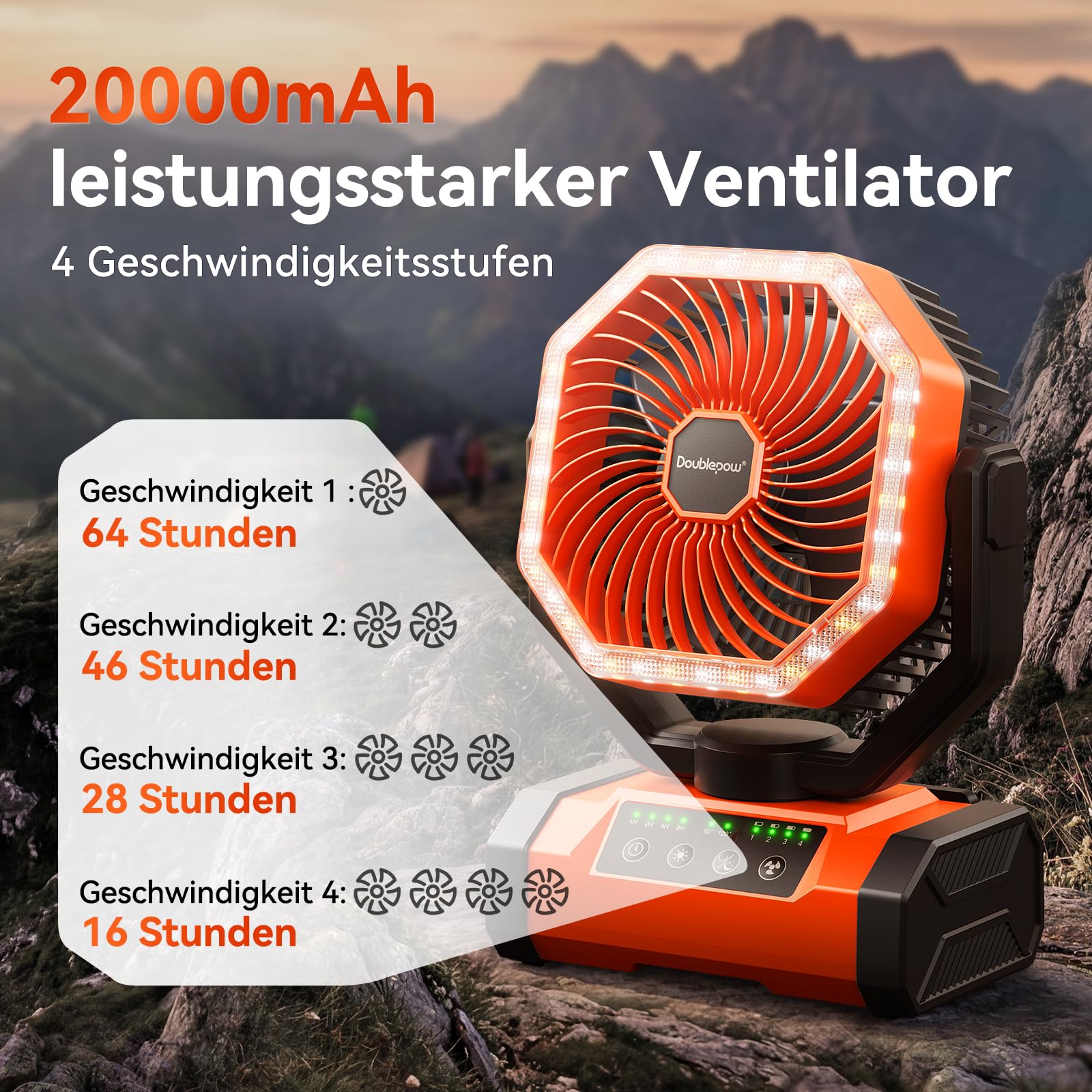 20000mAh Camping Ventilator, Aufladbare Akku Ventilator, Tragbarer Ventilators mit LED Licht, 120° Oszillierbar, mit Fernbedienung, Haken, USB Tischventilator, Geeignet Reisen, Picknick, Stromausfall