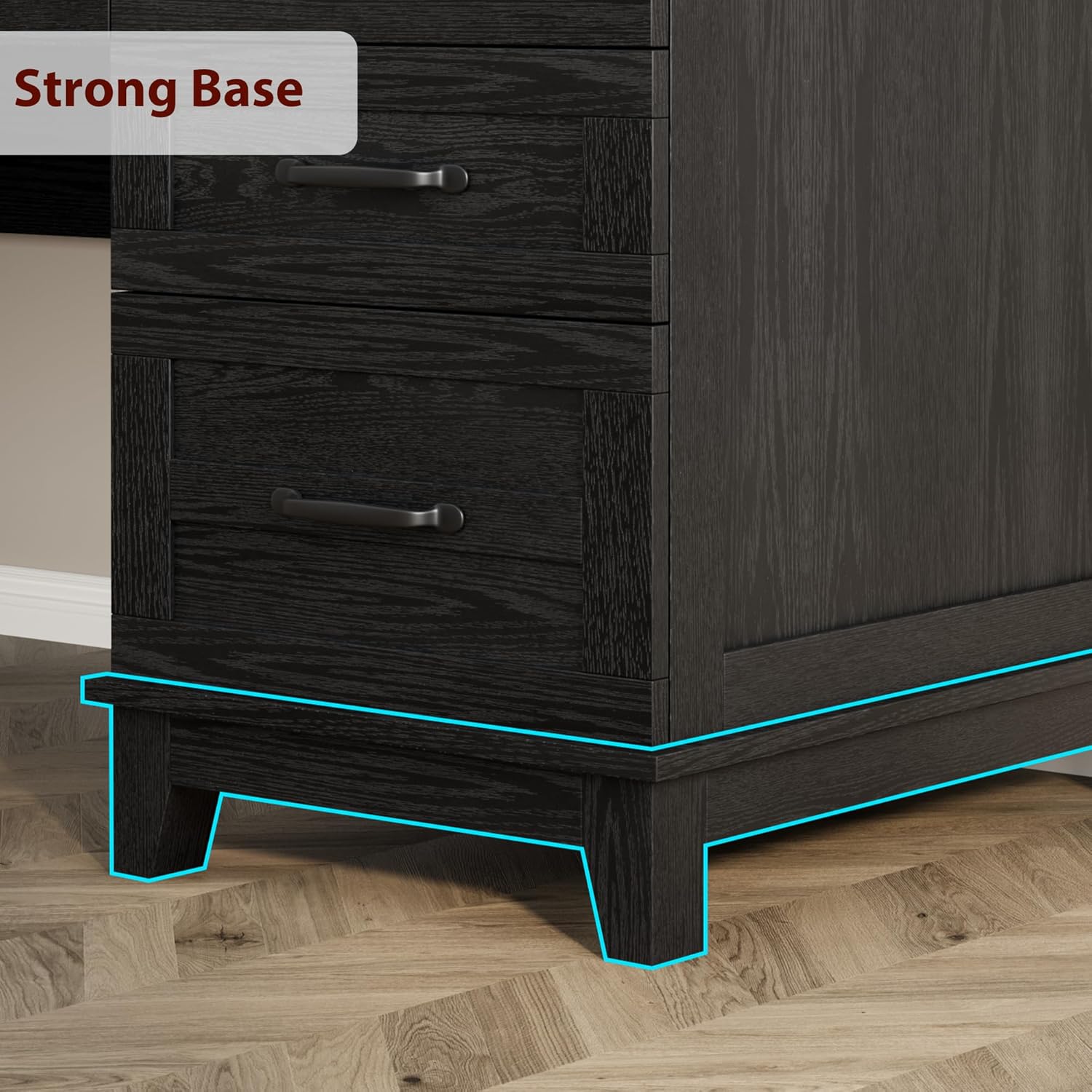 GarveeHome Farmhouse Executive Desk with Drawers, 53.54 in Home Office Desk with Charging Station, Wooden Computer Desk with File Cabinet Storage for Work Study Writing, Rustic Black