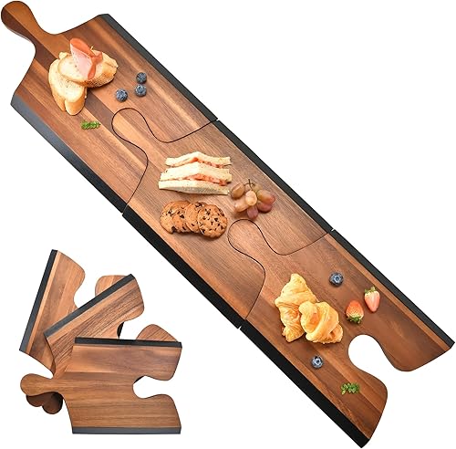 Shanik Juego de 3 tablas de queso de madera de acacia personalizada con asas de rompecabezas platos de madera natural para carne quesos y aperitivos
