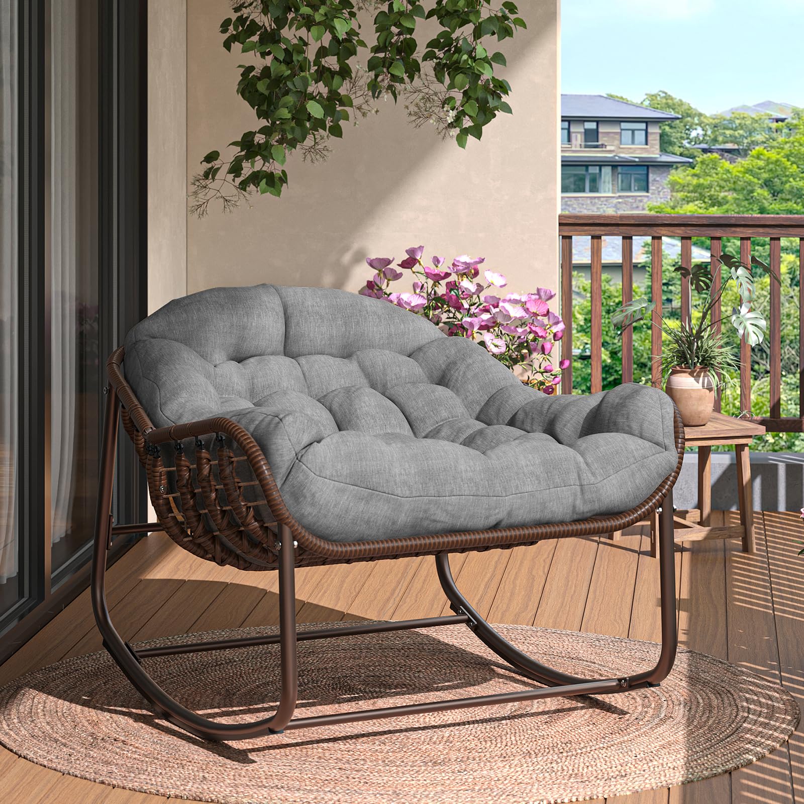 Papasan Schaukelstuhl Übergröße für Garten & Balkon – Rattan Ei-Design, Dicke Polsterung, Metallrahmen – Bequemer Outdoor & Indoor Lounge Sessel für Terrasse, Wohnzimmer, Schlafzimmer –