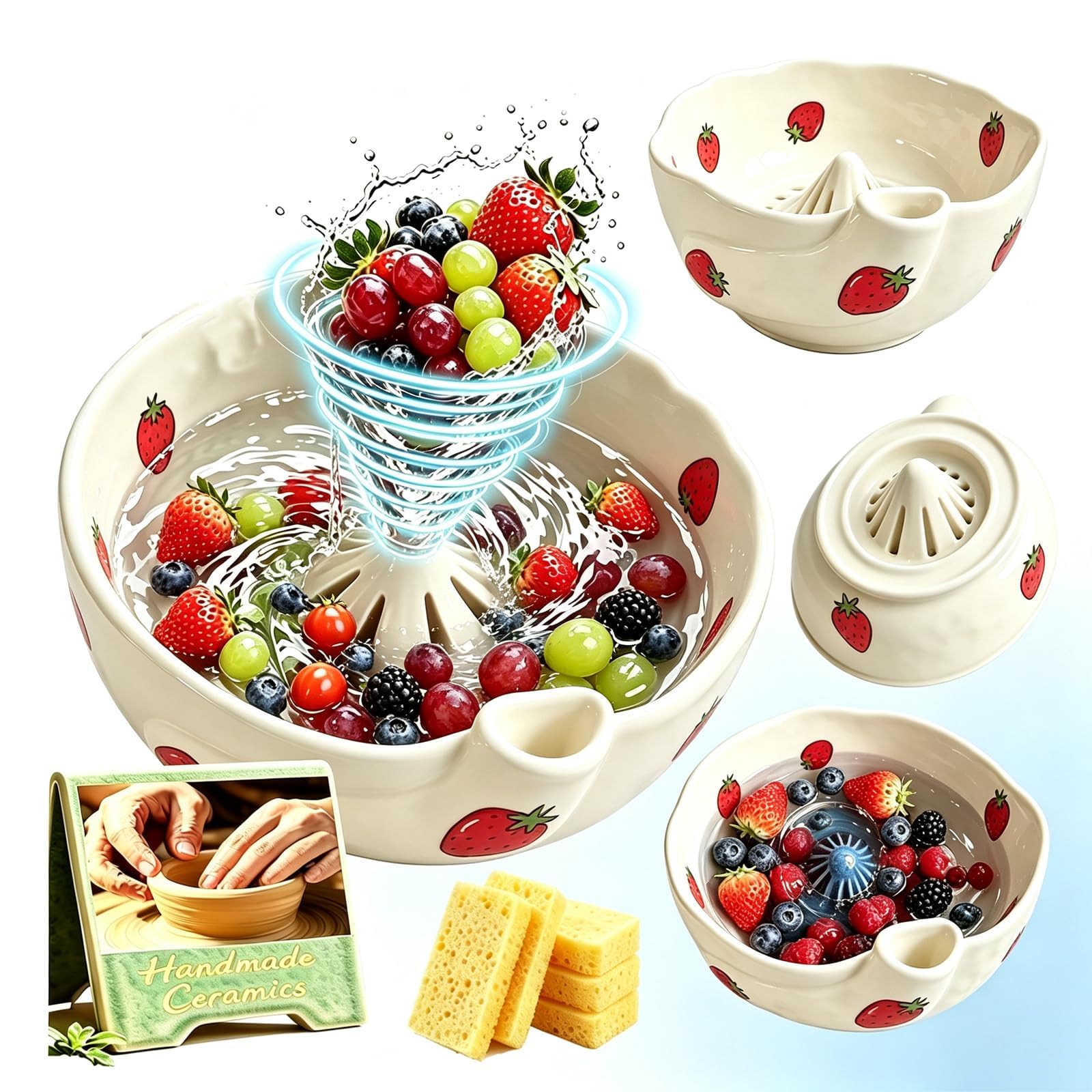 Selbstdrehende Beeren-Waschschüssel, Keramik, mit Abfluss, Grün, Big A: 17,9 cm B x 9,9 cm H