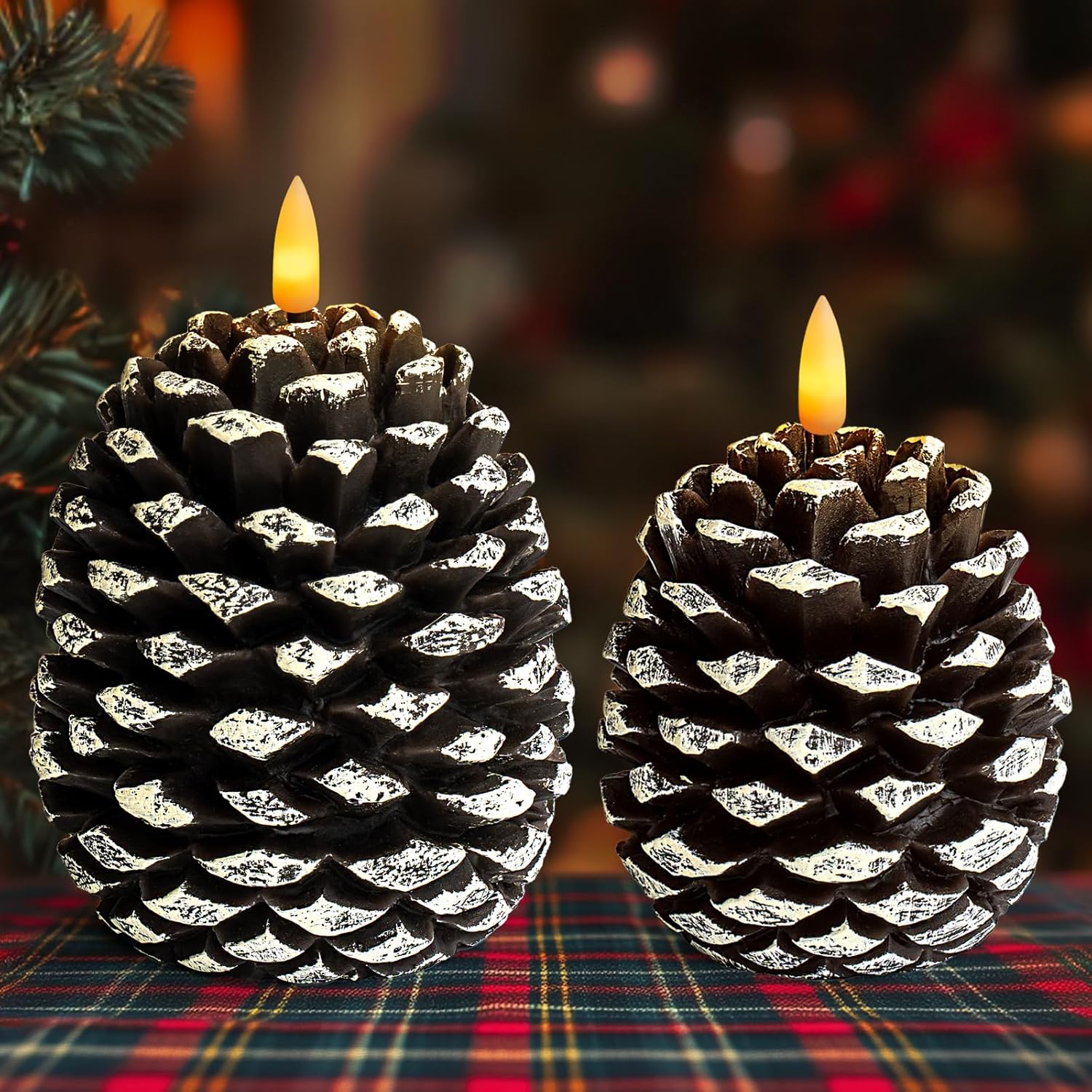 Pine Cone Flickering Flameless Candles, Battery Operated Real Wax LED Candles with Timer for Christmas Home Party Decoration Set of 2