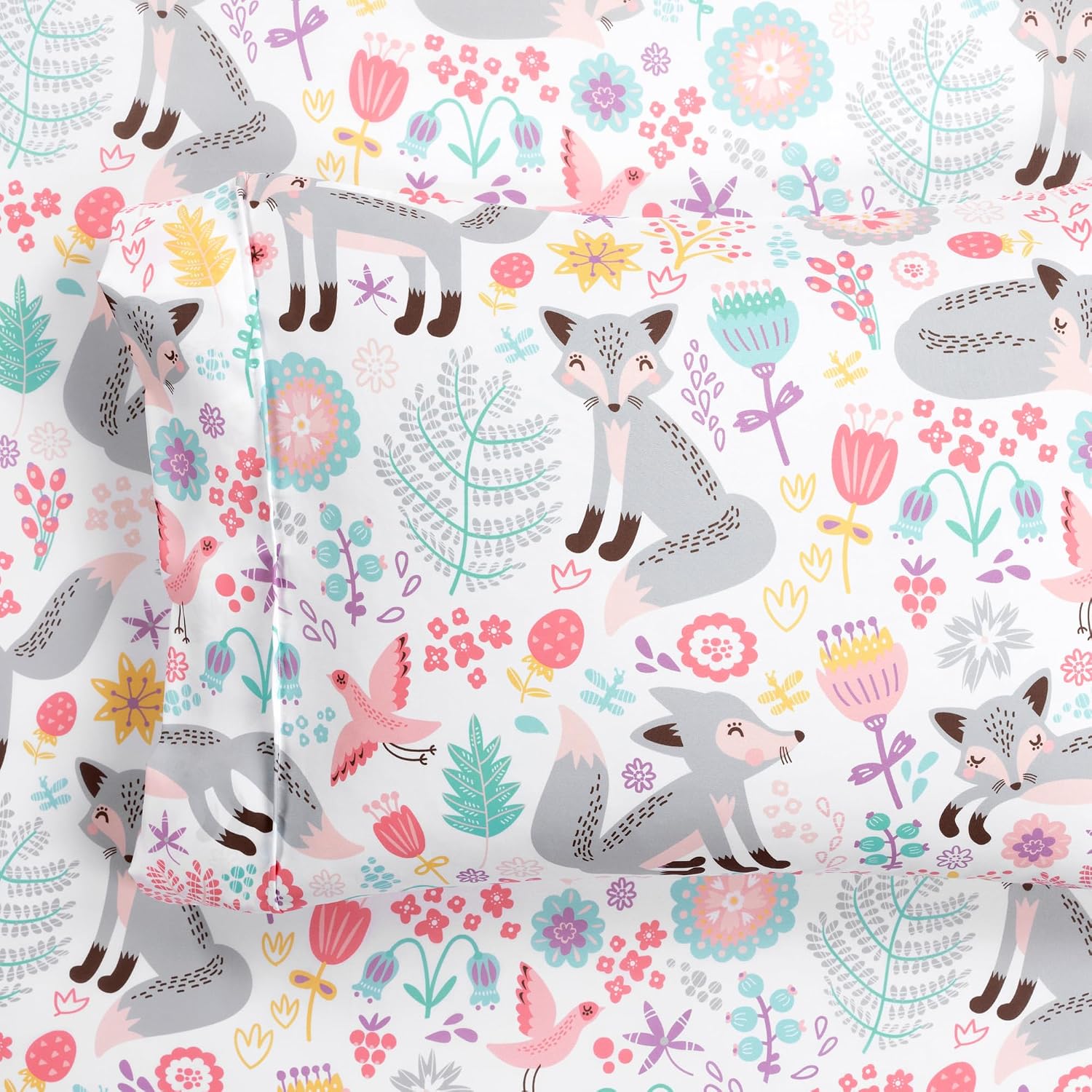 Lush Decor Pixie Fox Soft Sheet Set, 4 Piece Set, Twin, Gray & Pink - Pink Twin Sheet Set - Girls Bedroom Decor