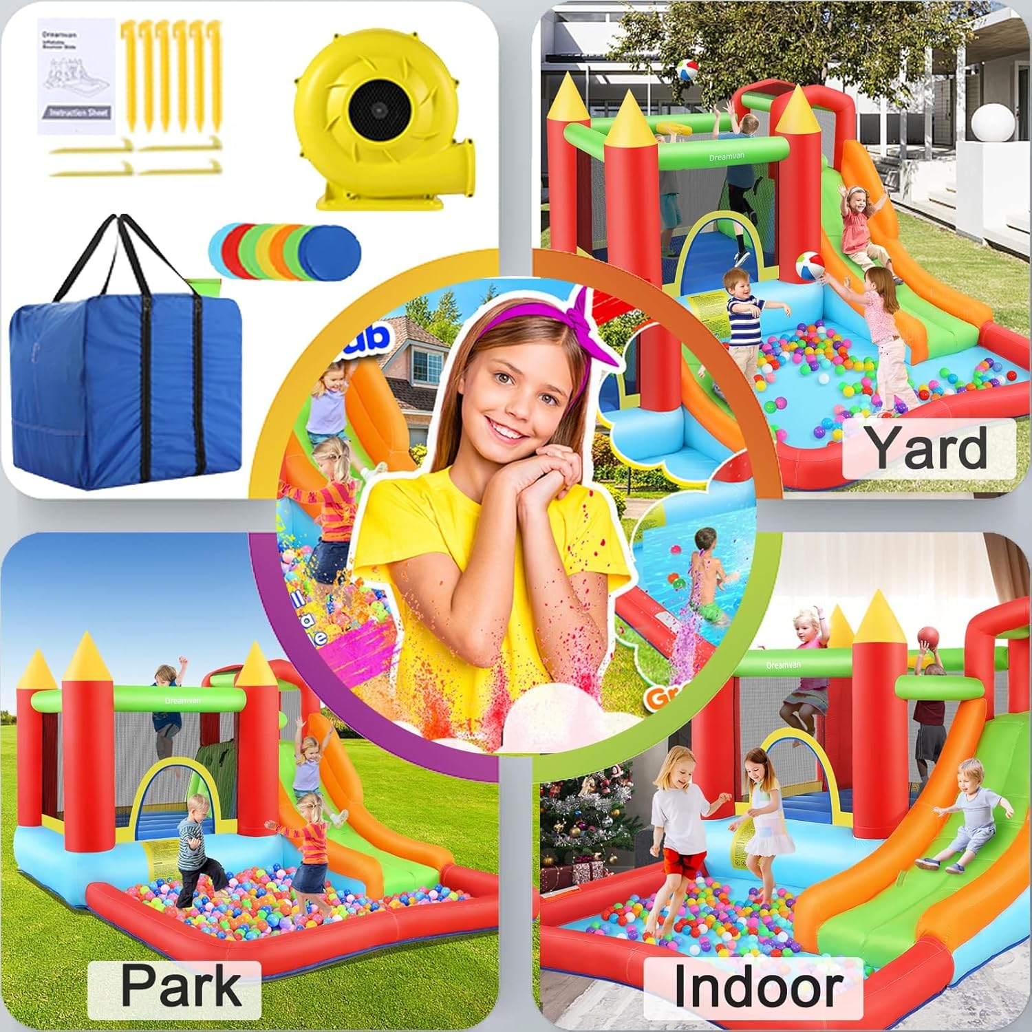 AKEYDIY Bounce House, Inflatable Bouncy House for Big Kids 3-10, Outdoor & Indoor Bounce House with Slide - Jump House with Basketball Hoop, Large Ball Pit, Long Slide, Bounce Castle with Air Blower
