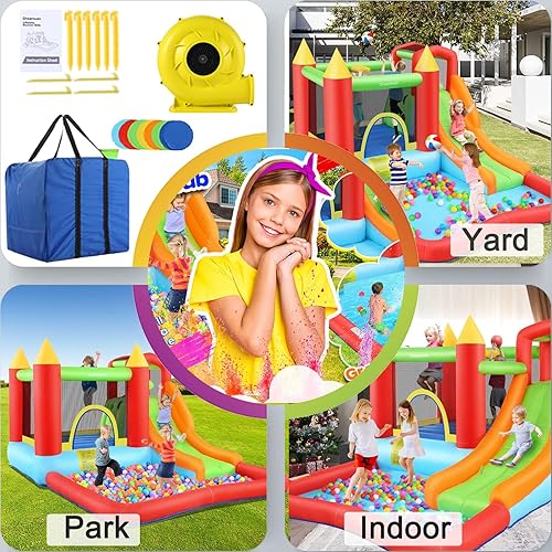 Miniatura 7 de AKEYDIY Casa inflable para niños, divertida zona de salto con aro de baloncesto, piscina grande, tobogán largo con pared de escalada, casa inflable