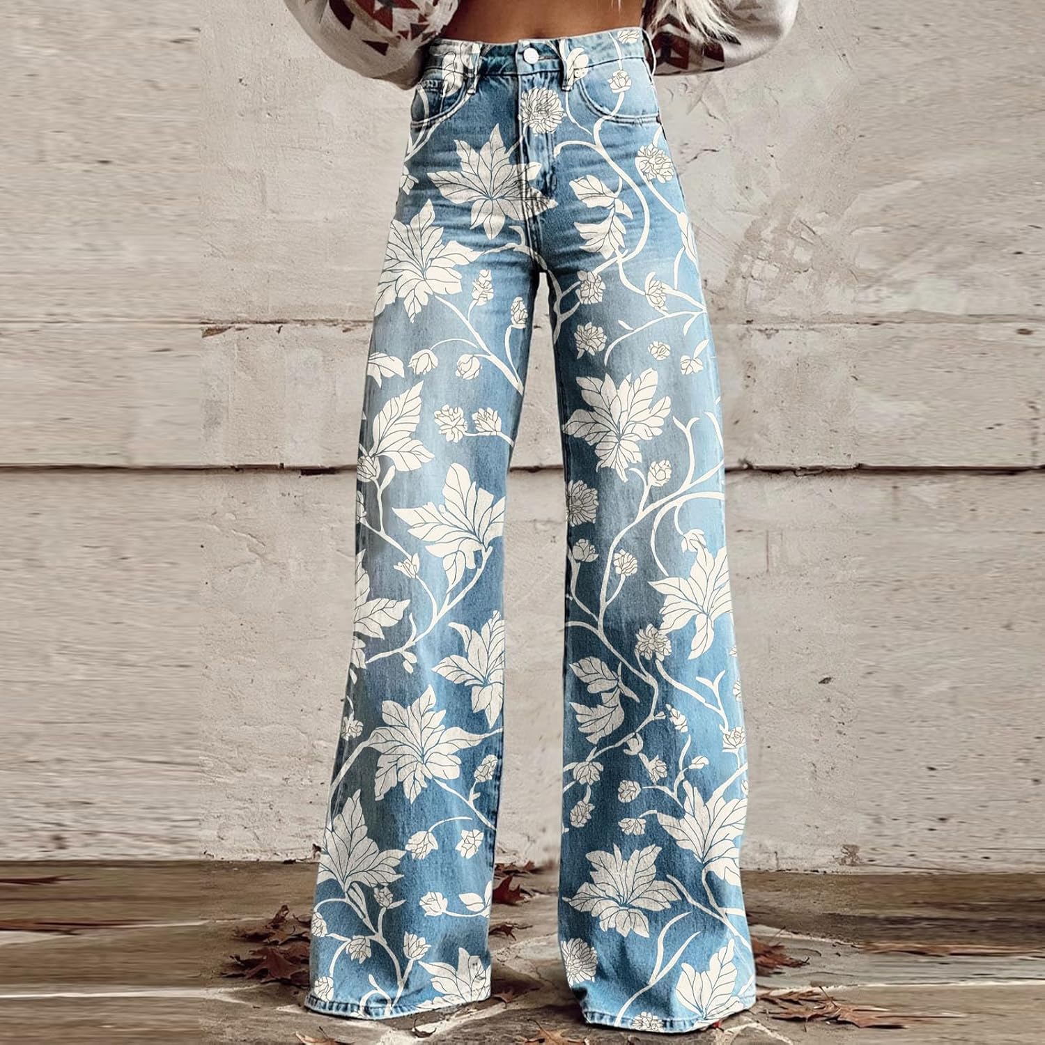 Womens Vintage Boho Floral Print Jeans - Mid Waisted Wide Leg Baggy Flare Pants Plus Size Slacks Trousers with Pockets - Image 2