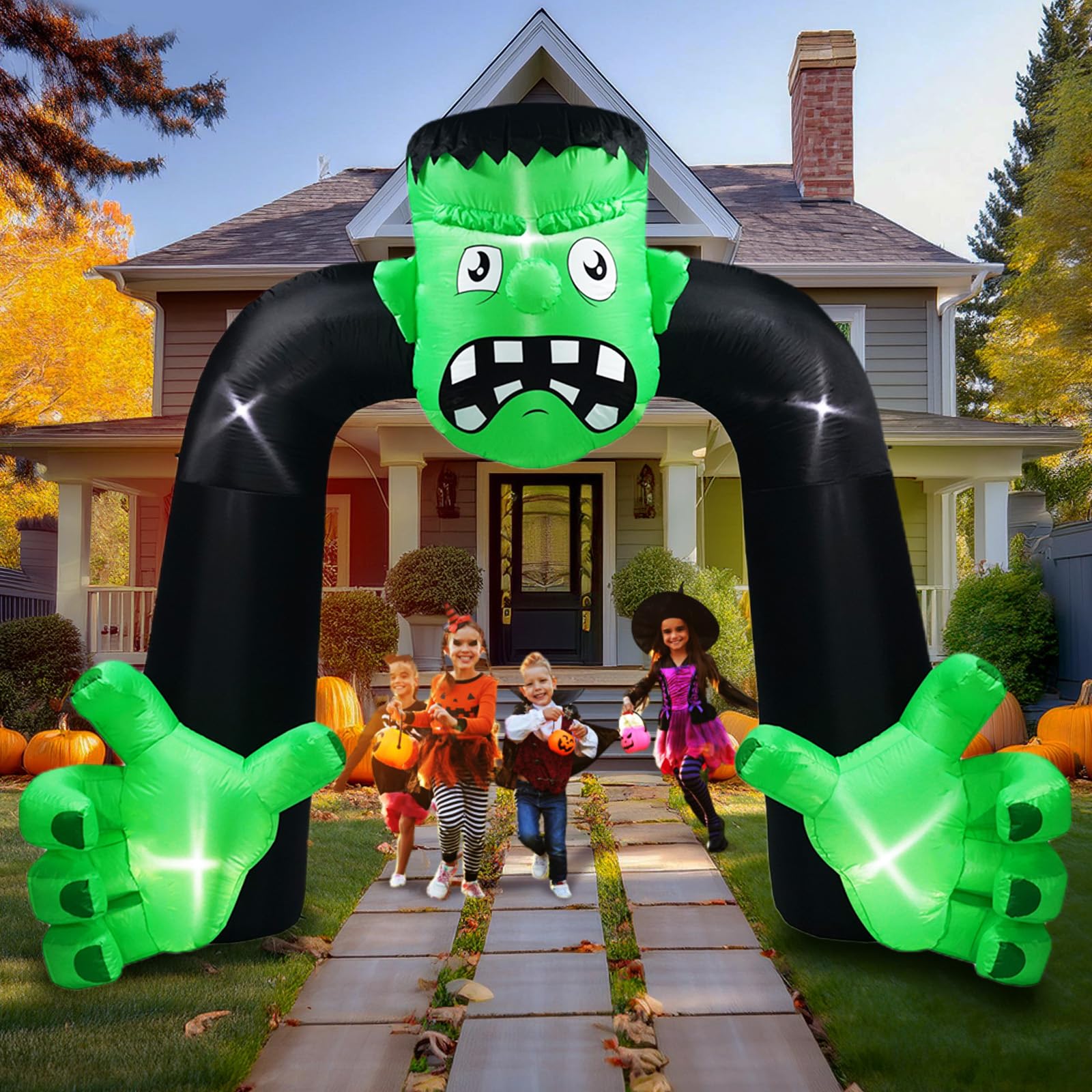 UniqSeason 9Ft Halloween Inflatables Frank Green Welcome Arch Lighted Blow up Halloween Archway Decor for Carnival Party Outdoor Yard Lawn Decorations