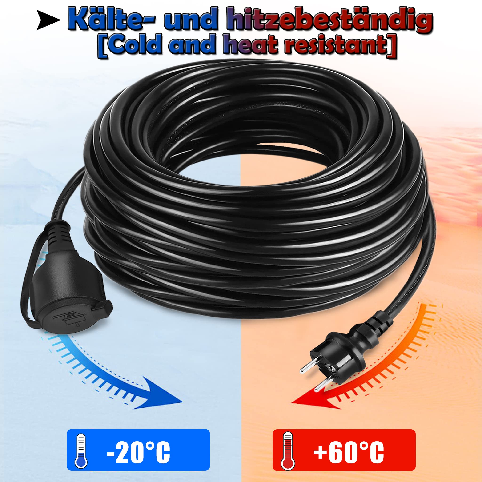 LZQ Cavo di prolunga da 30 m, spina europea, cavo di alimentazione con tappo di protezione, prolunga da 230 V, IP44, per esterni, colore nero
